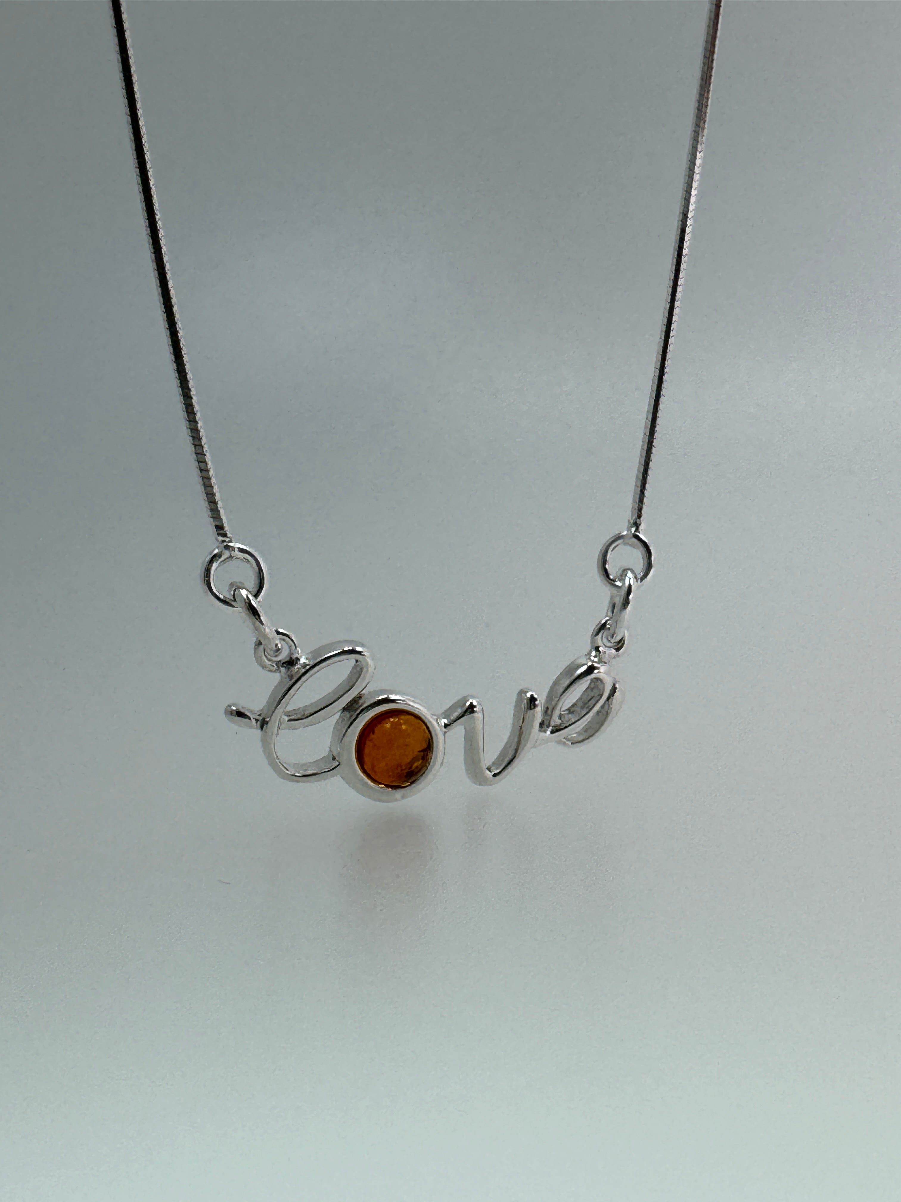 Dainty Script Sterling Silver “Love” Necklace with Baltic Amber Accent – 16”+2” Extension