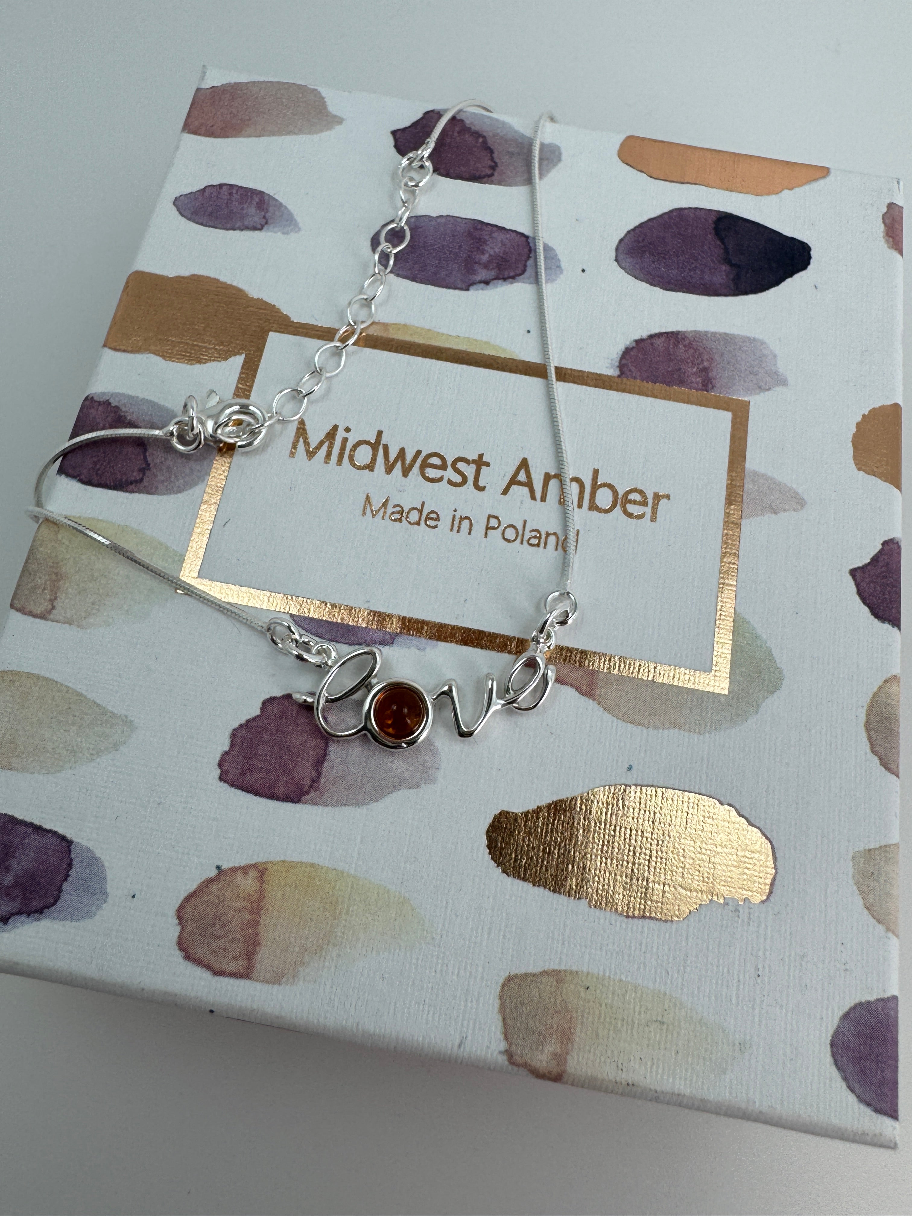 Dainty Script Sterling Silver “Love” Necklace with Baltic Amber Accent – 16”+2” Extension