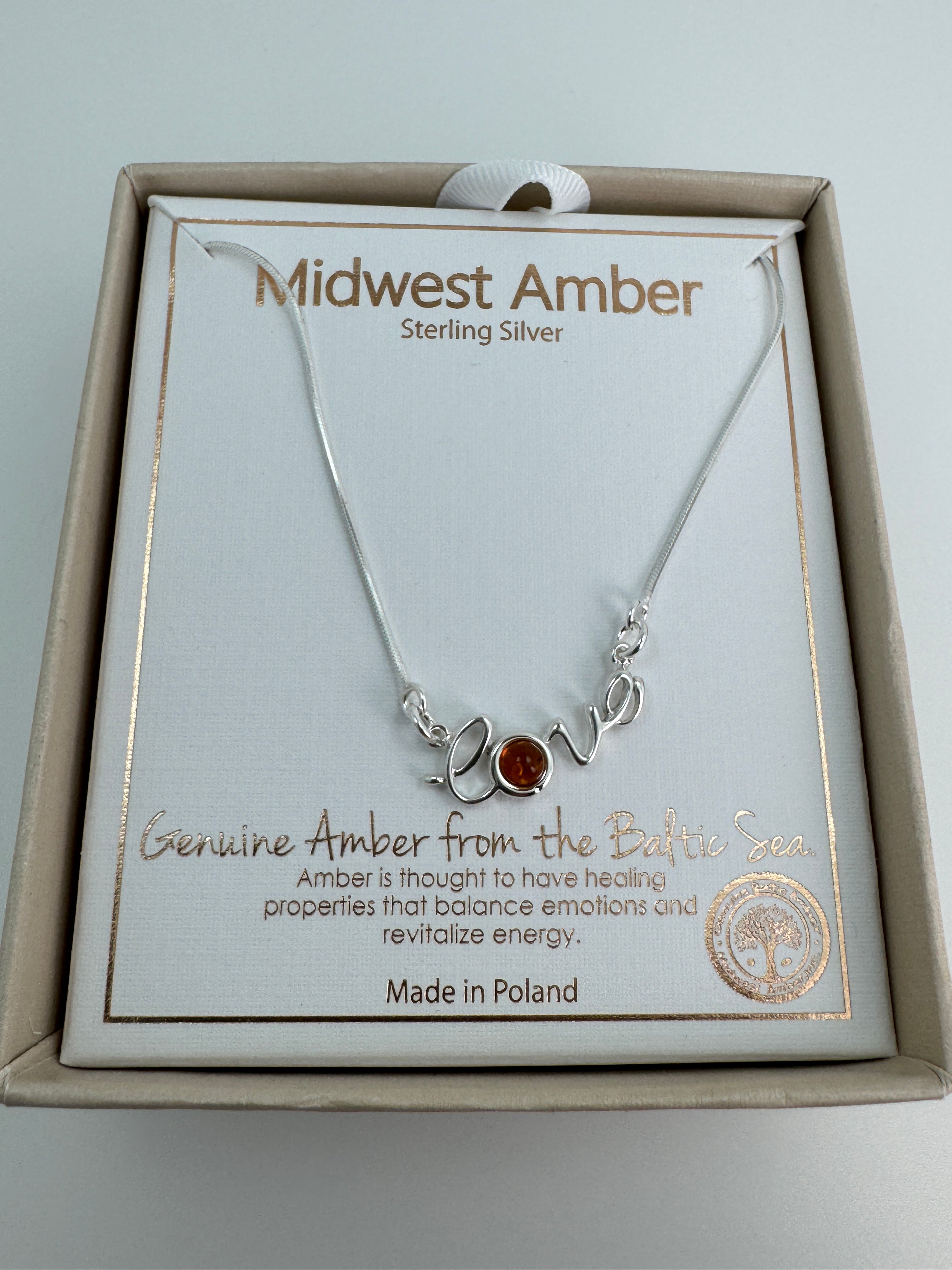 Dainty Script Sterling Silver “Love” Necklace with Baltic Amber Accent – 16”+2” Extension