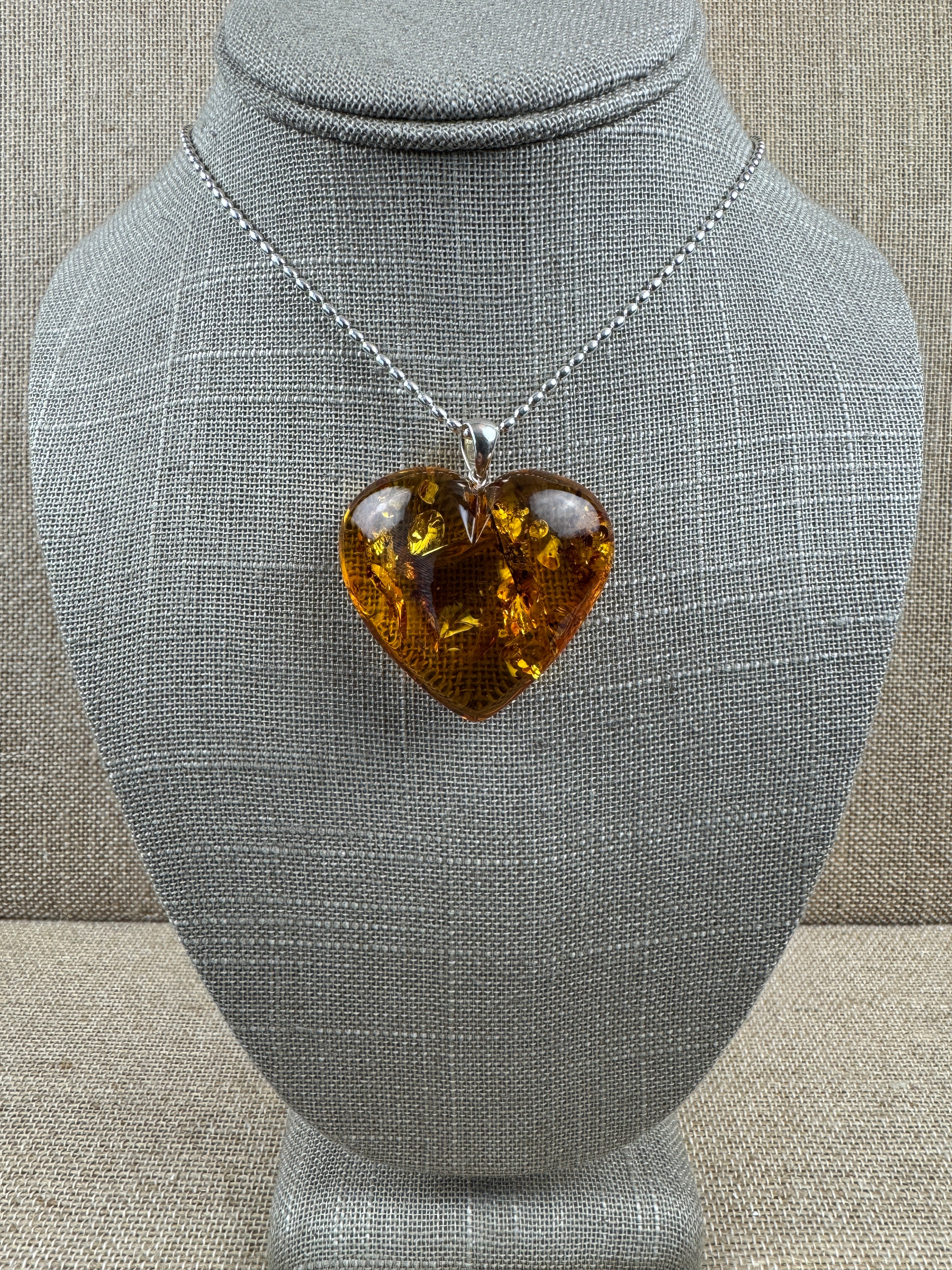 Oversized Hand-Carved Baltic Amber Puffy Heart Pendant – Cognac Honey with Sterling Silver Bead Chain