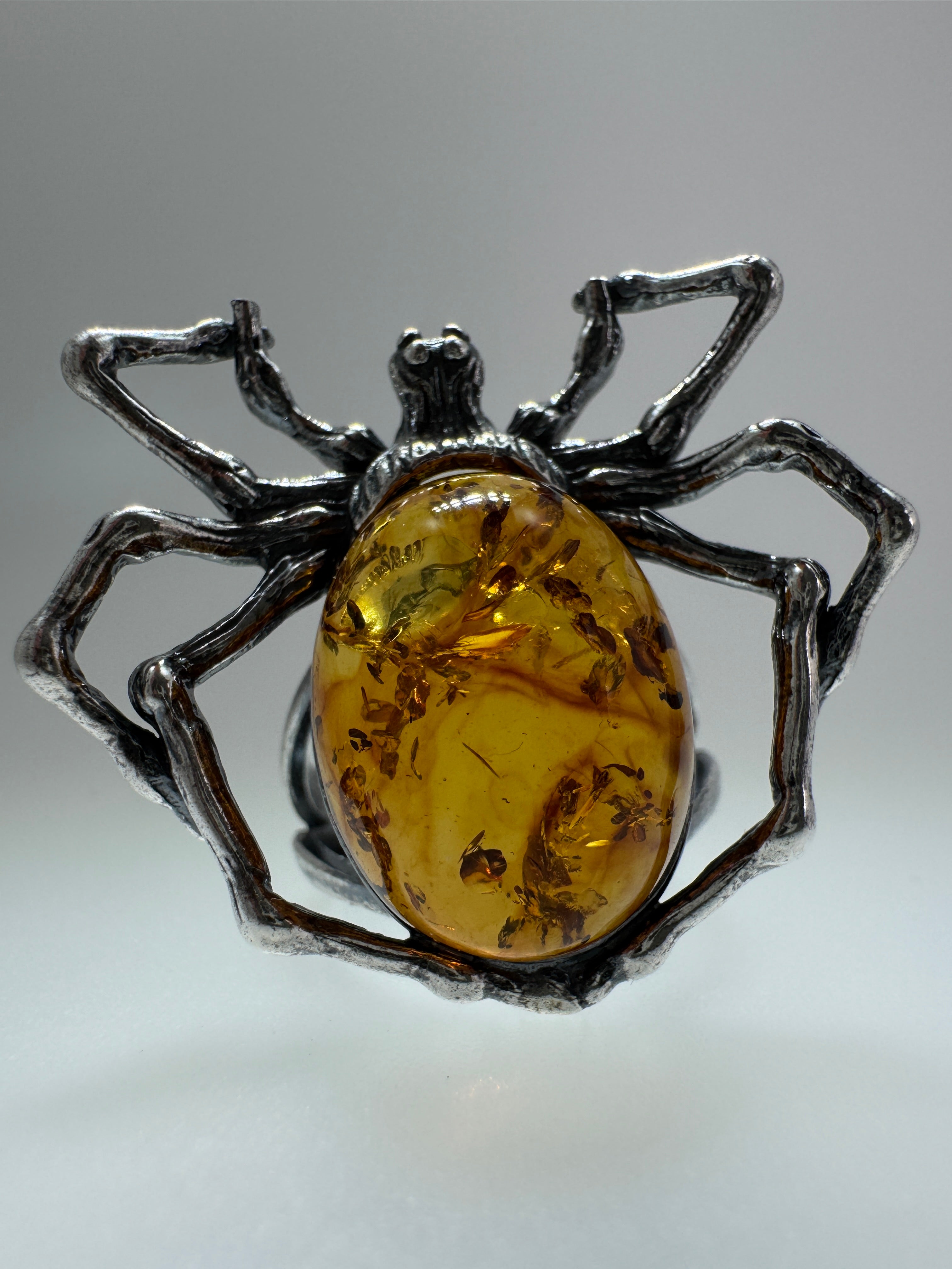 Sterling Silver Spider Ring with Honey Baltic Amber – Oxidized Finish, Handmade & Adjustable