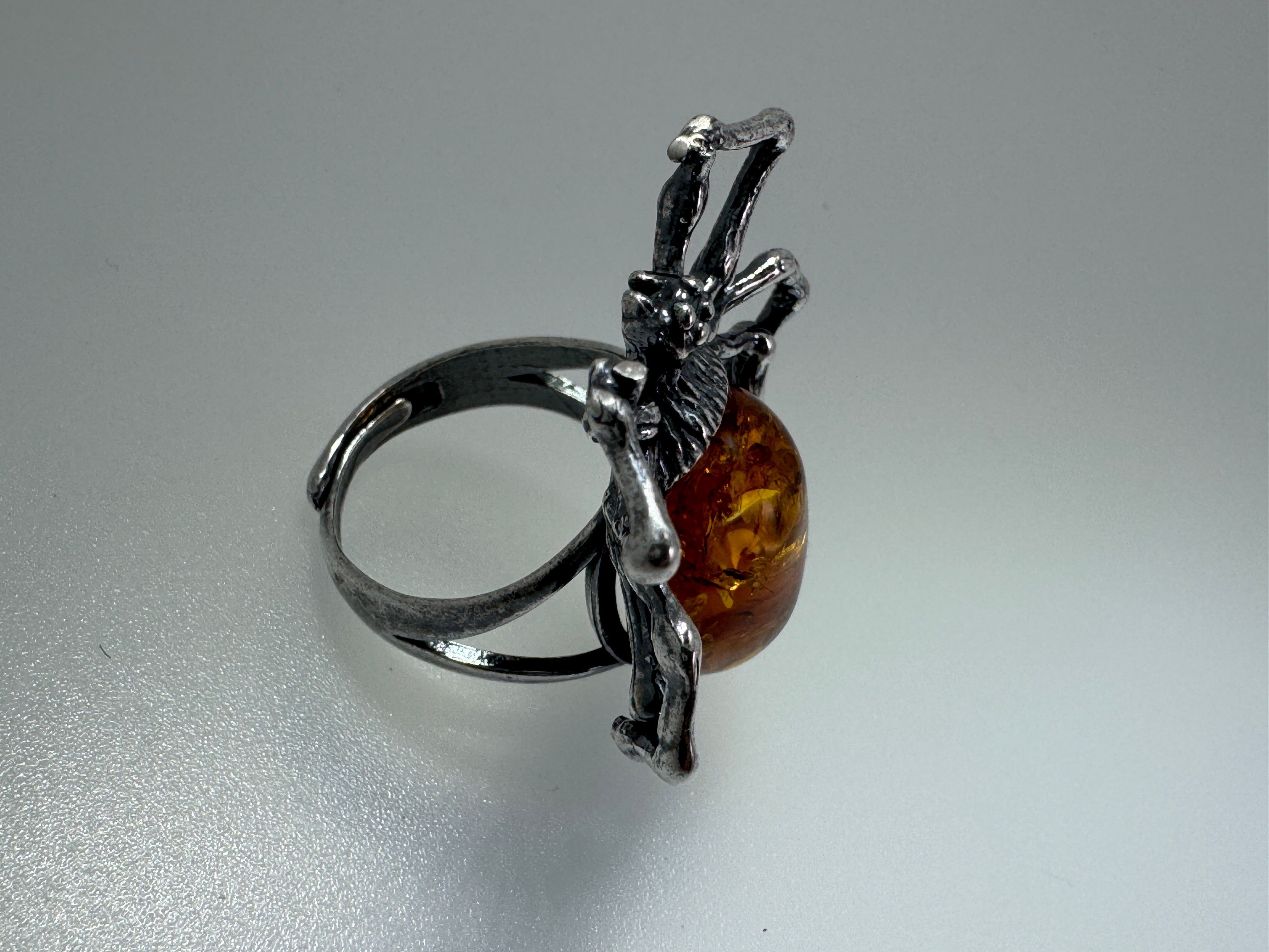 Sterling Silver Spider Ring with Honey Baltic Amber – Oxidized Finish, Handmade & Adjustable
