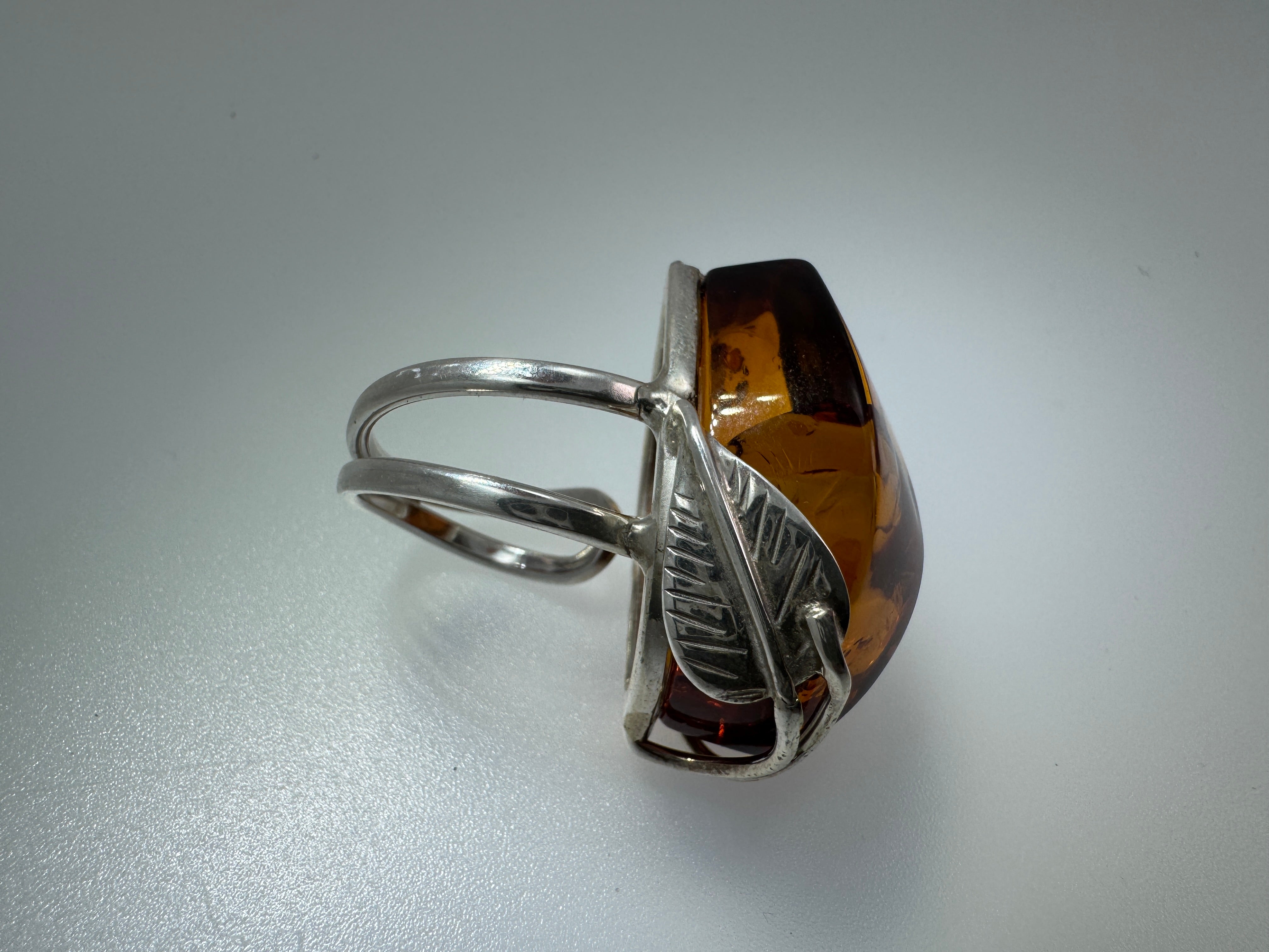 Faceted Cognac Honey Baltic Amber Statement Ring – Sterling Silver Floral Design, Adjustable