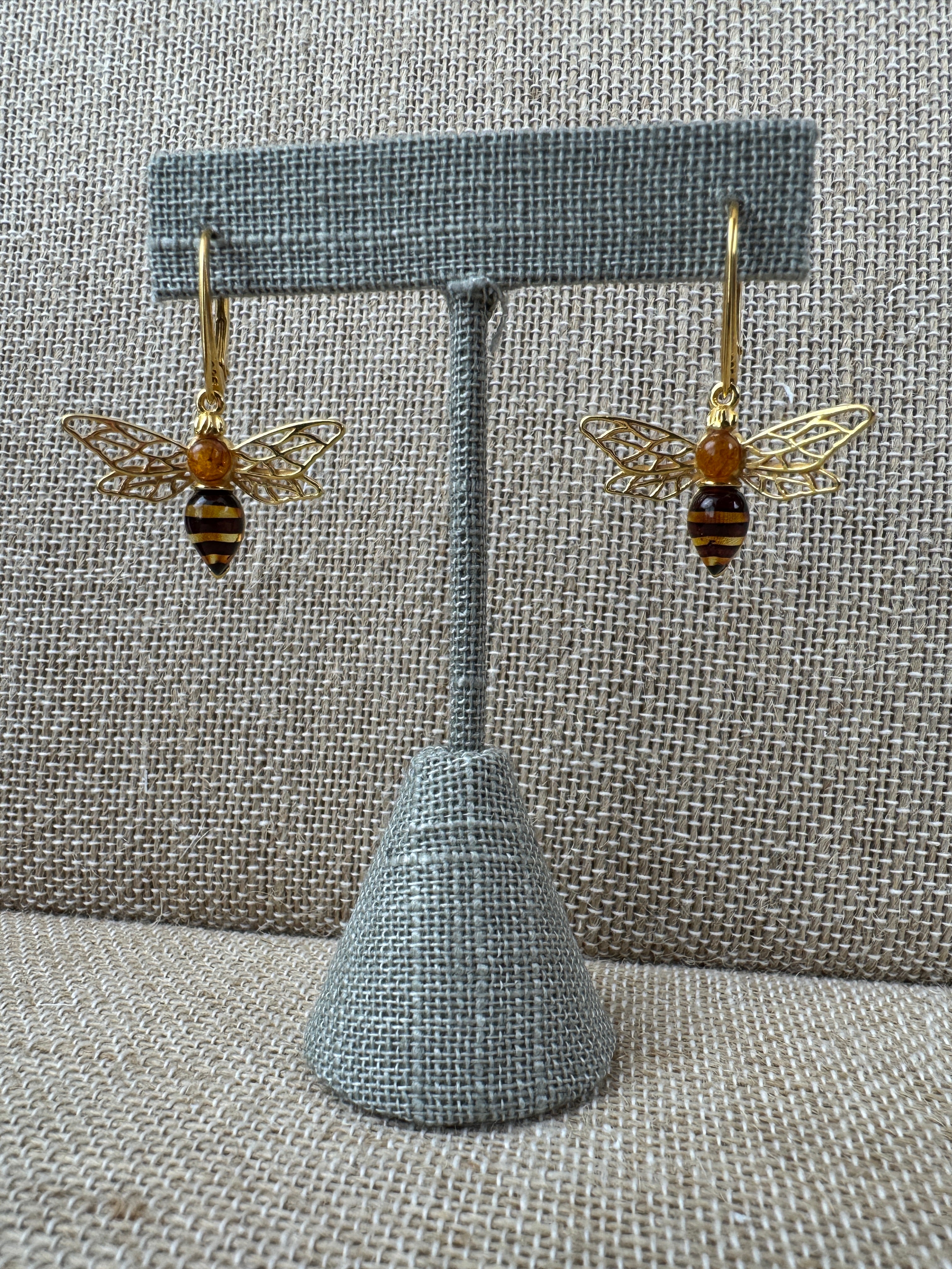 Gold Plated Baltic Amber Bumblebee Leverback Earrings – Sterling Silver Dangle Design