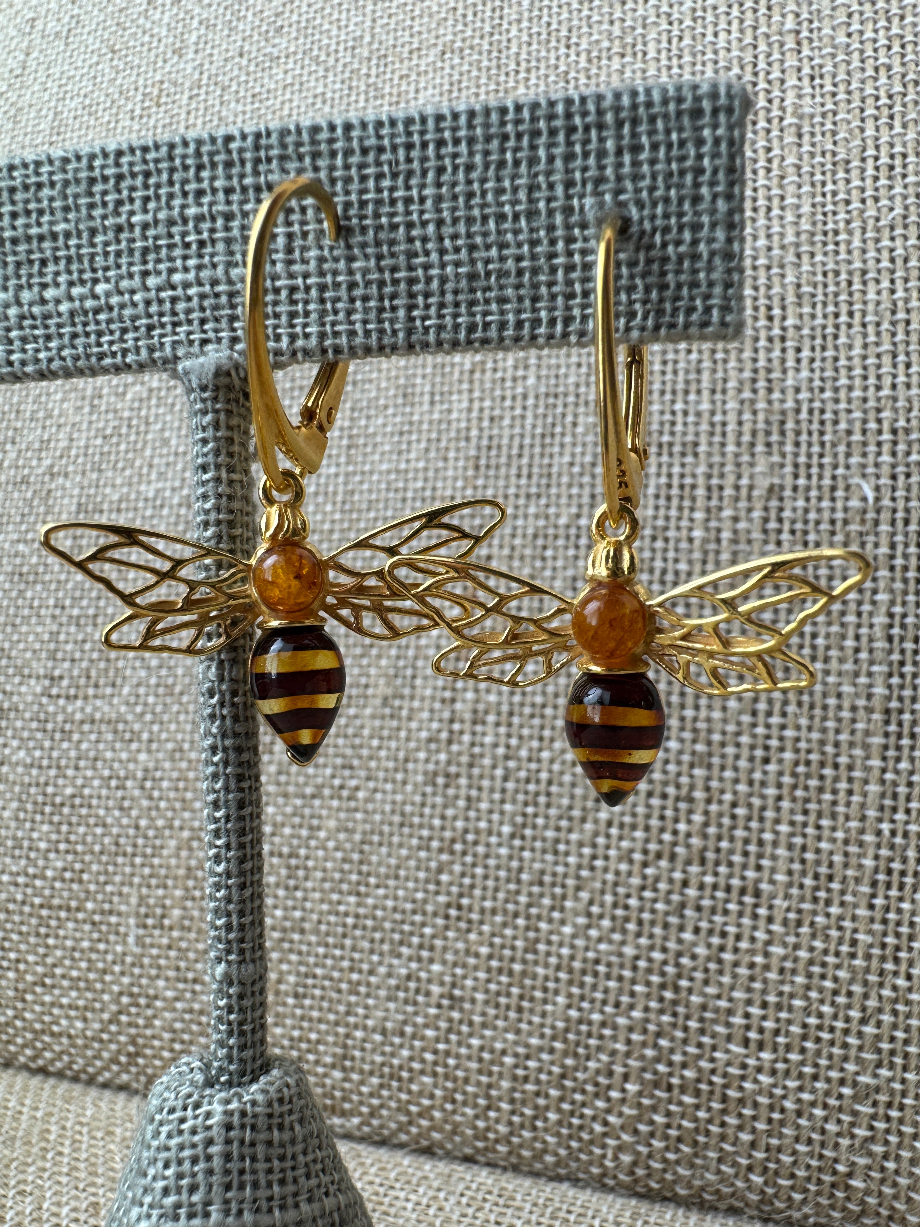Gold Plated Baltic Amber Bumblebee Leverback Earrings – Sterling Silver Dangle Design