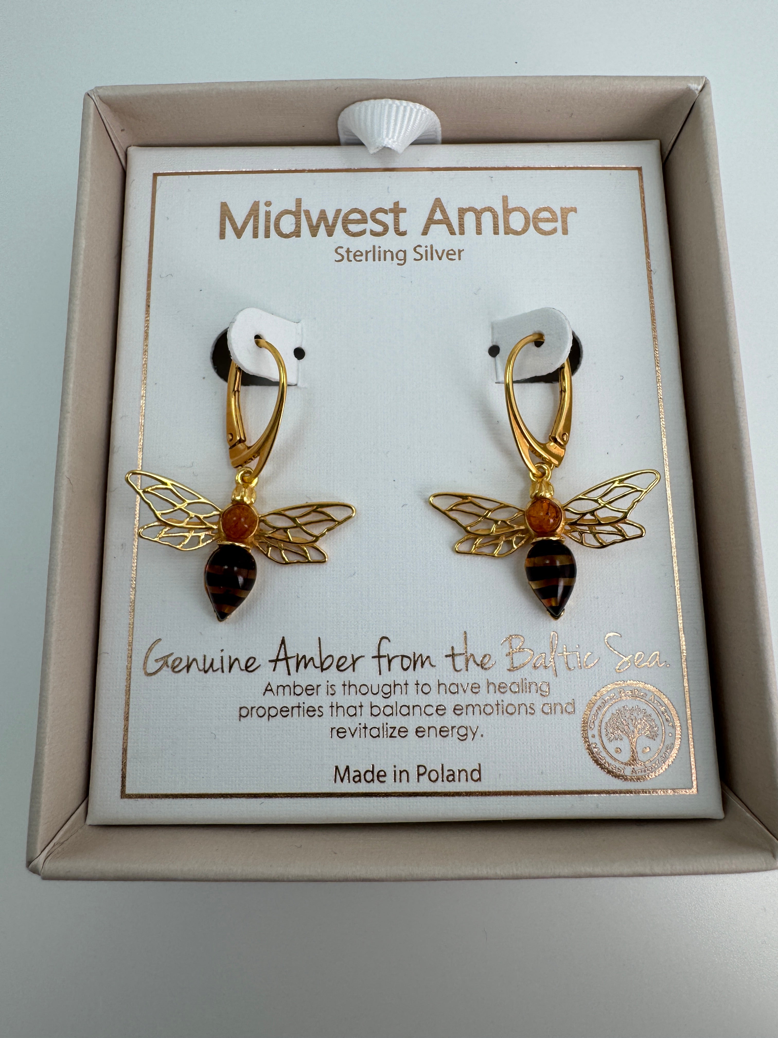 Gold Plated Baltic Amber Bumblebee Leverback Earrings – Sterling Silver Dangle Design
