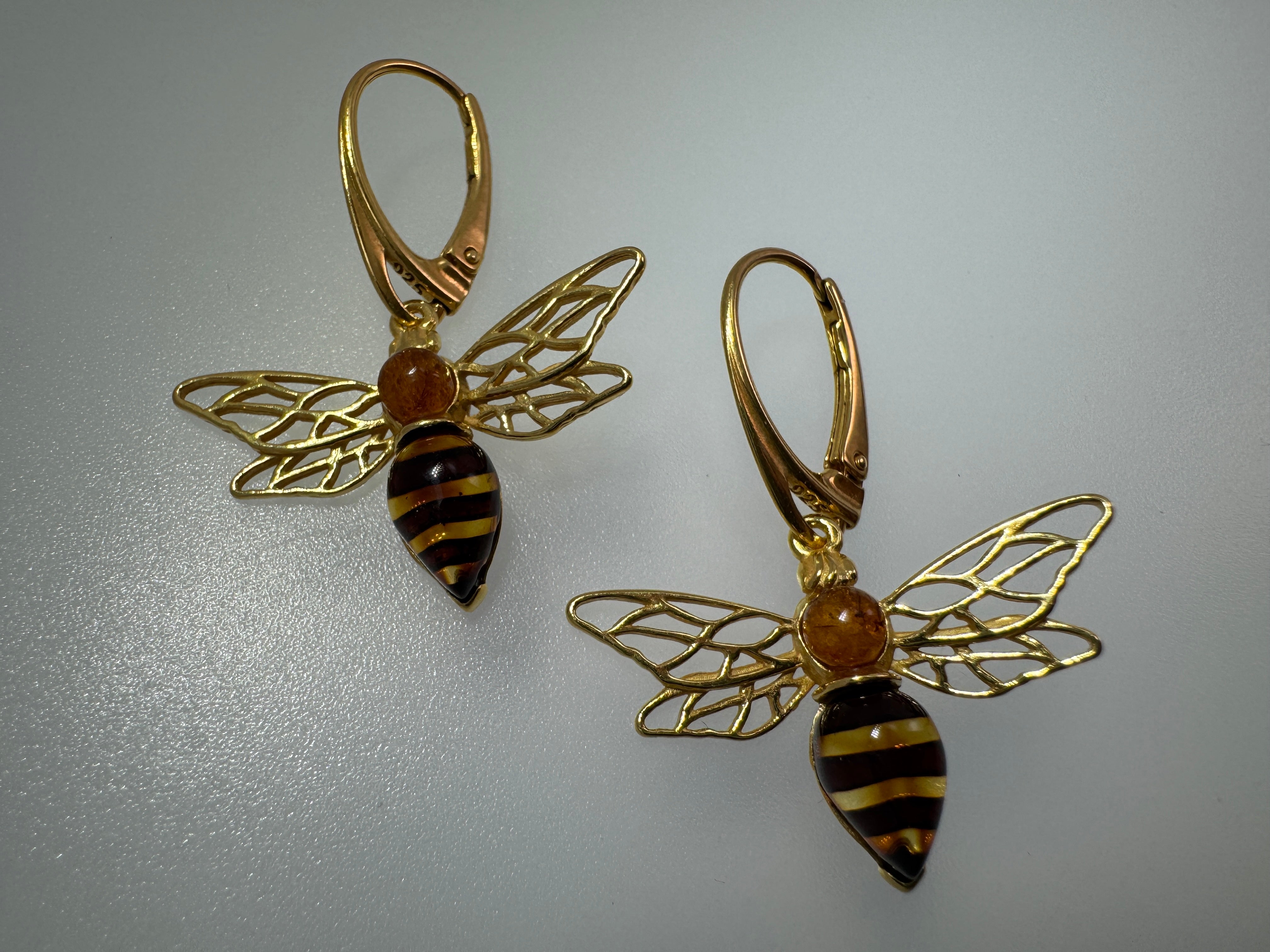 Gold Plated Baltic Amber Bumblebee Leverback Earrings – Sterling Silver Dangle Design