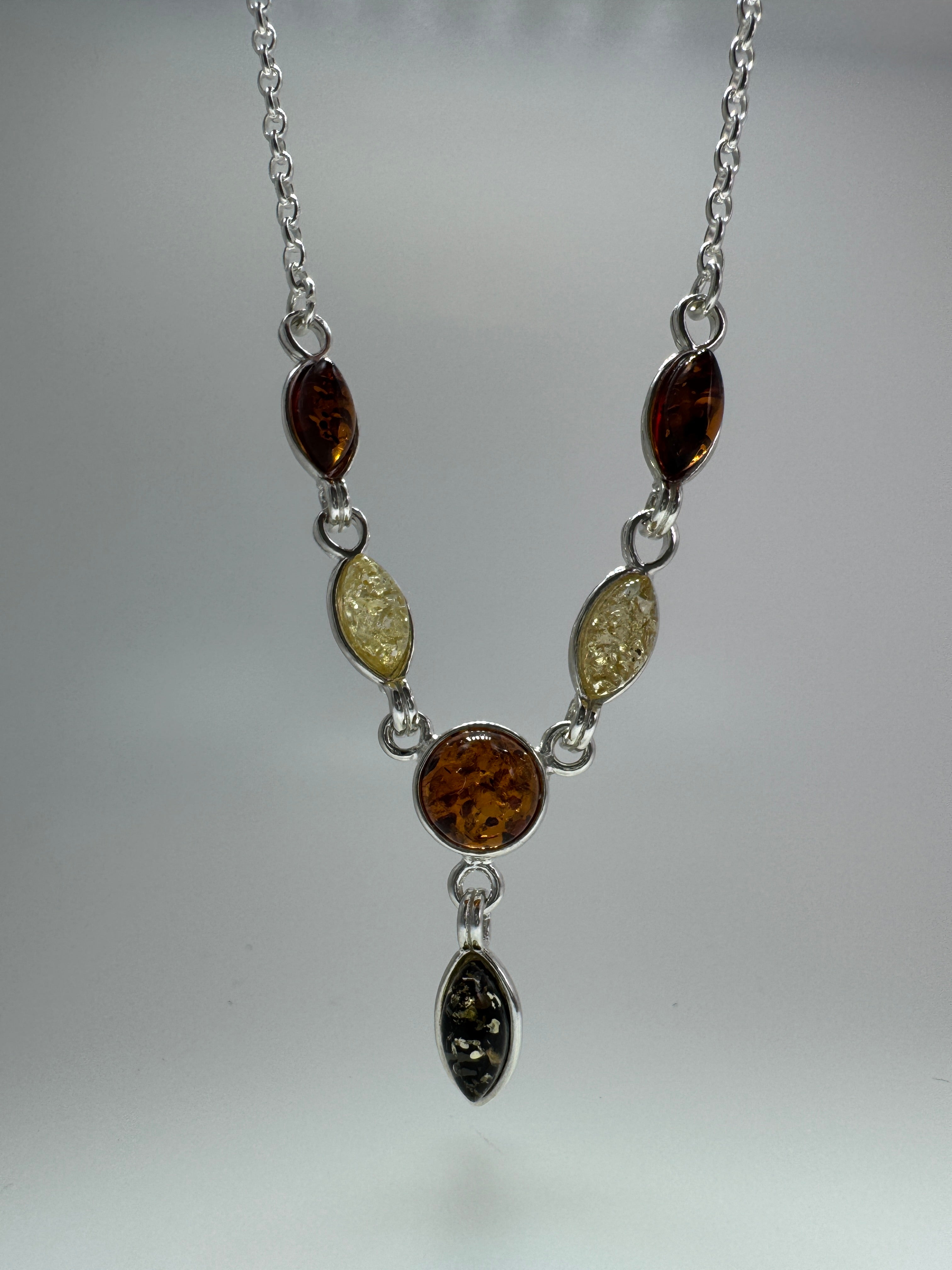 Minimalist Multicolor Baltic Amber Pendant Necklace in Sterling Silver - Green, Honey, and Lemon Amber Necklace on Box Chain – 18 Inch