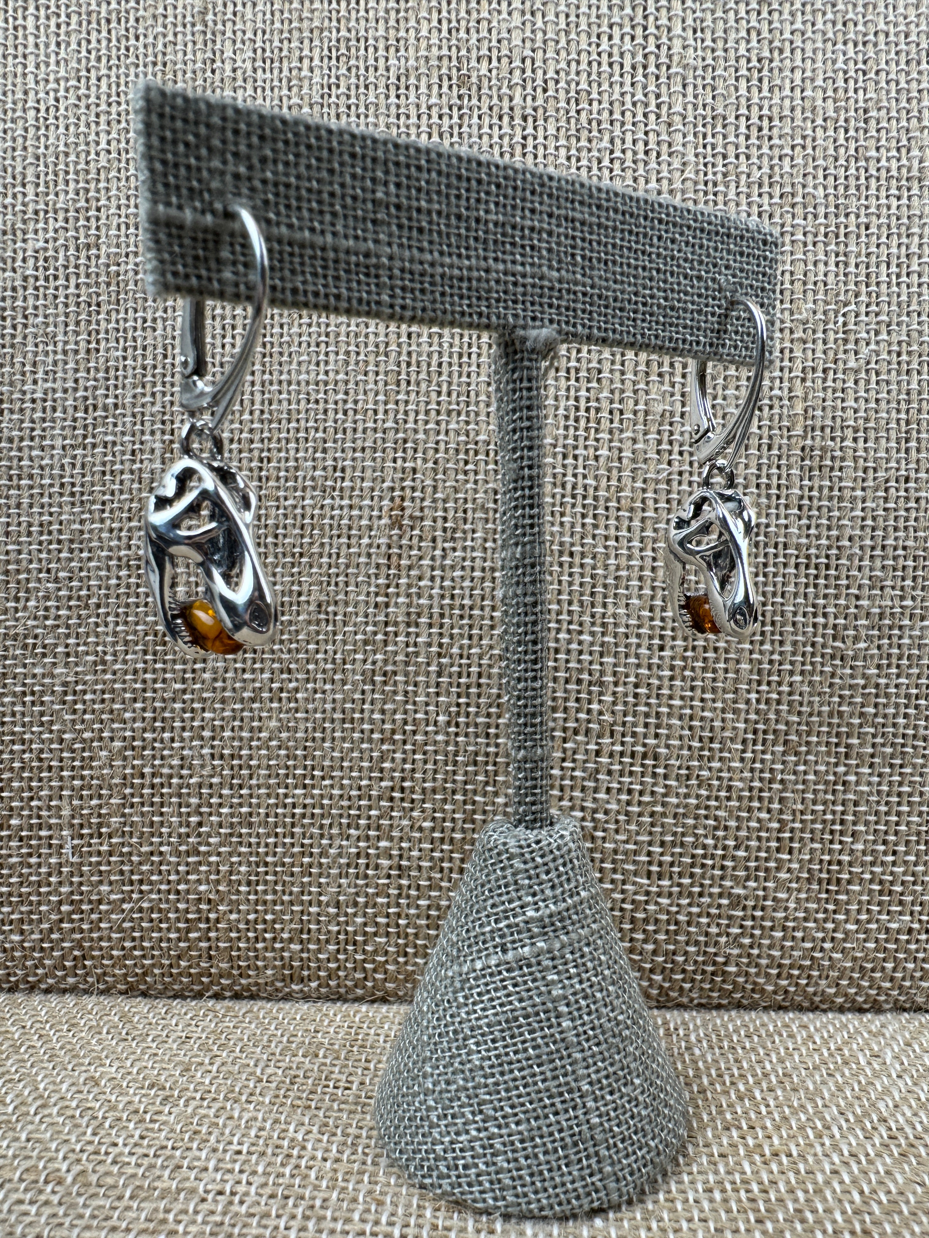 Tyrannosaurus Rex Lever Back Earrings – Sterling Silver & Baltic Amber