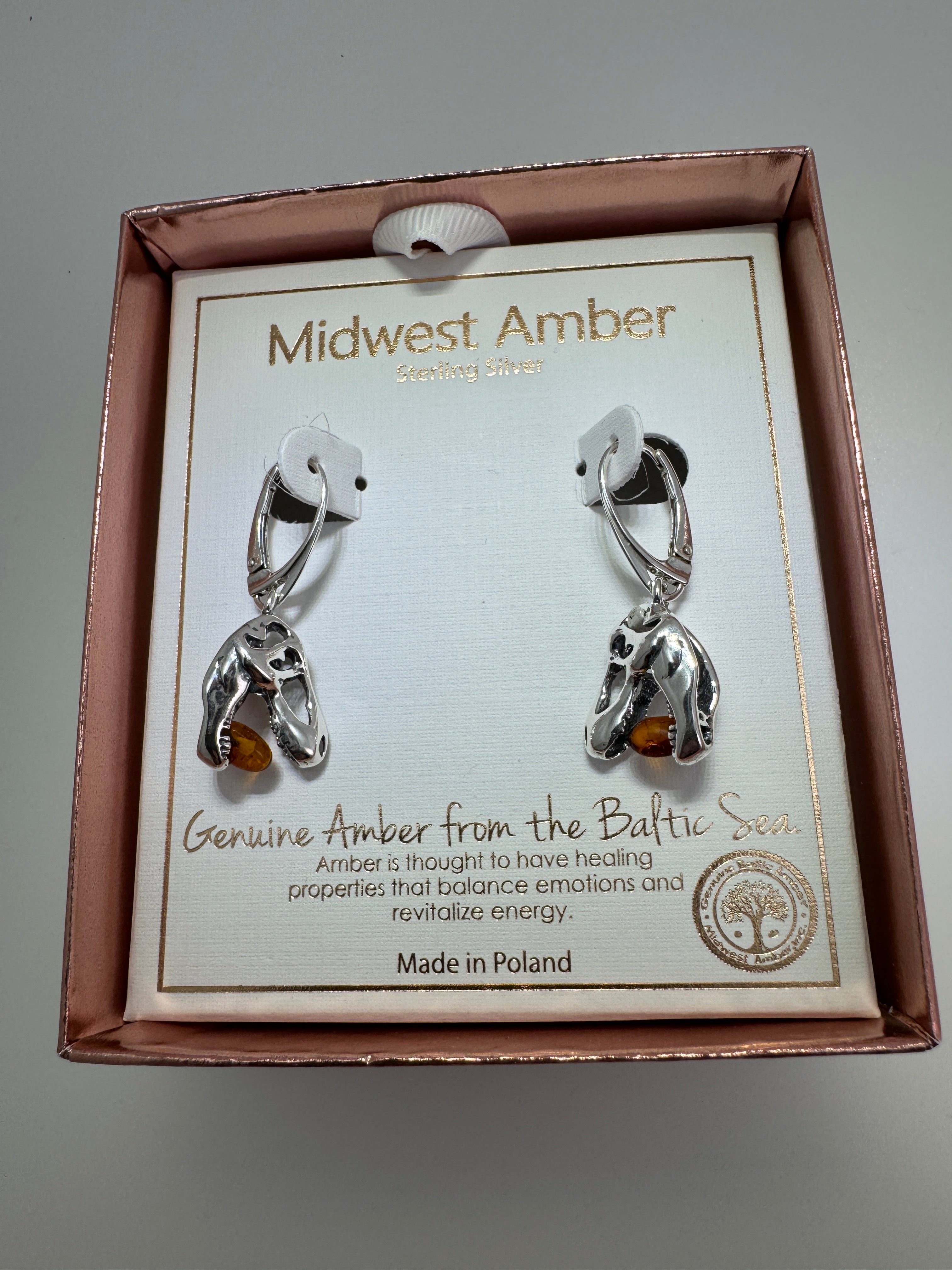 Tyrannosaurus Rex Lever Back Earrings – Sterling Silver & Baltic Amber