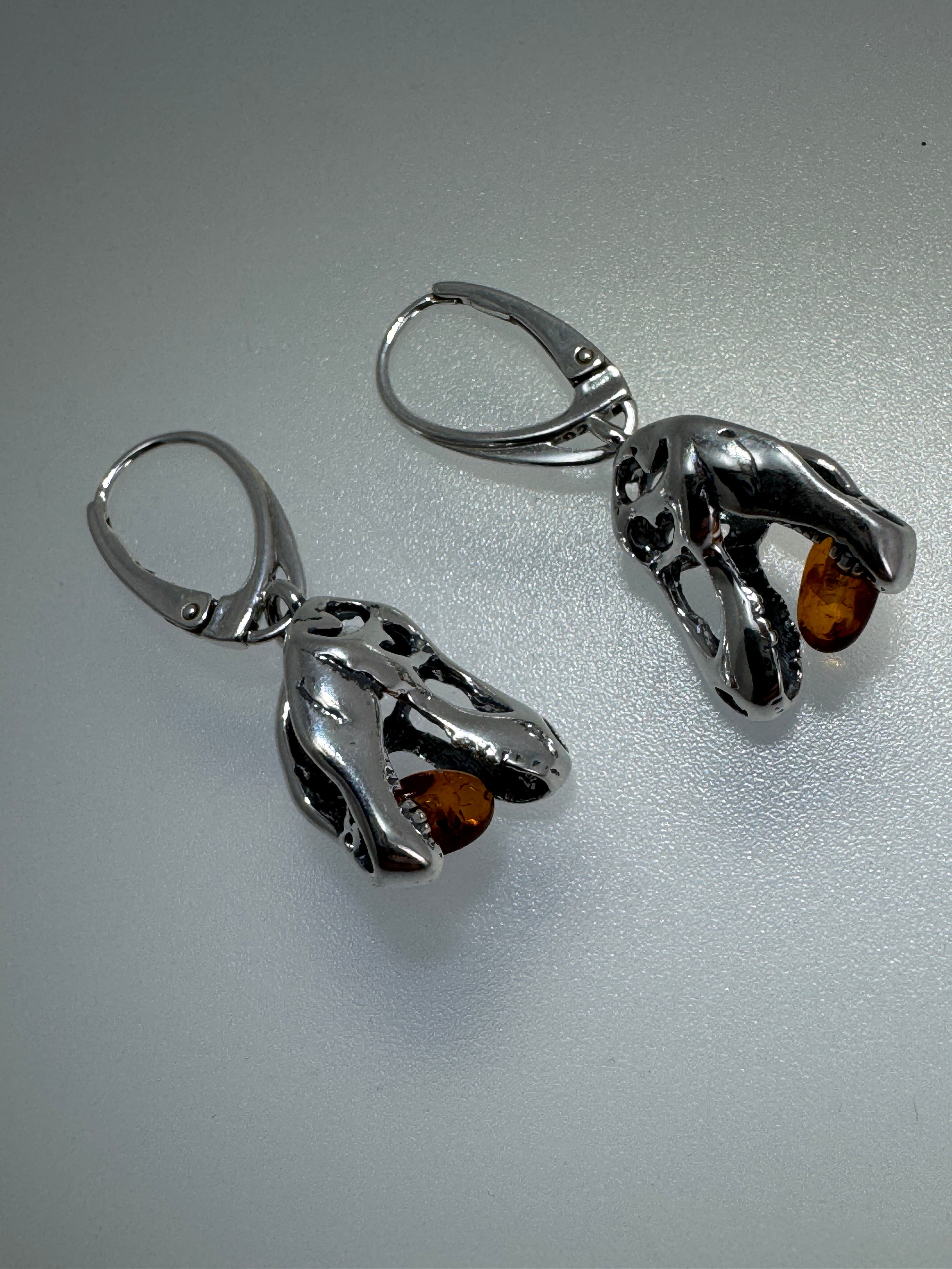 Tyrannosaurus Rex Lever Back Earrings – Sterling Silver & Baltic Amber