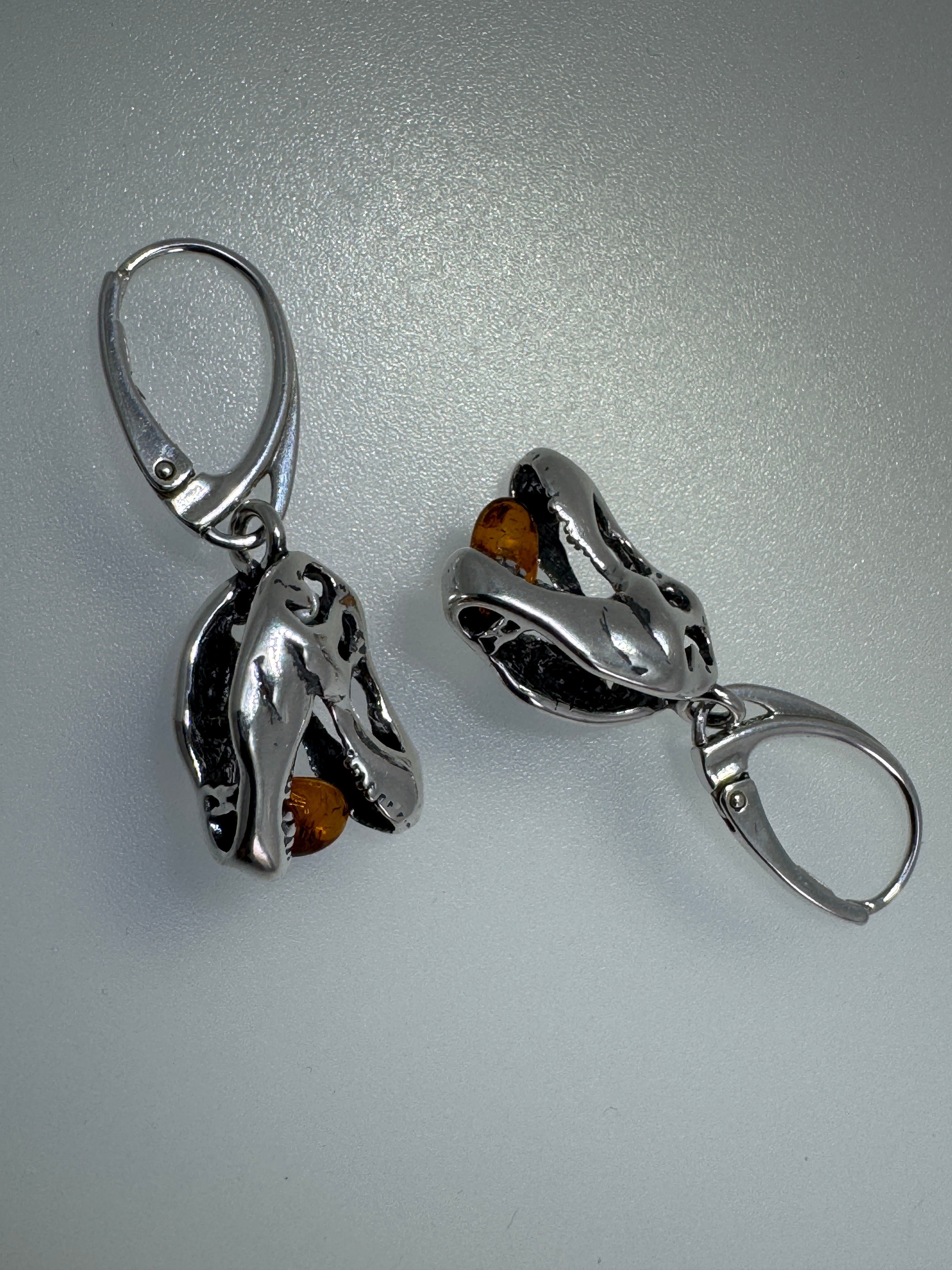 Tyrannosaurus Rex Lever Back Earrings – Sterling Silver & Baltic Amber