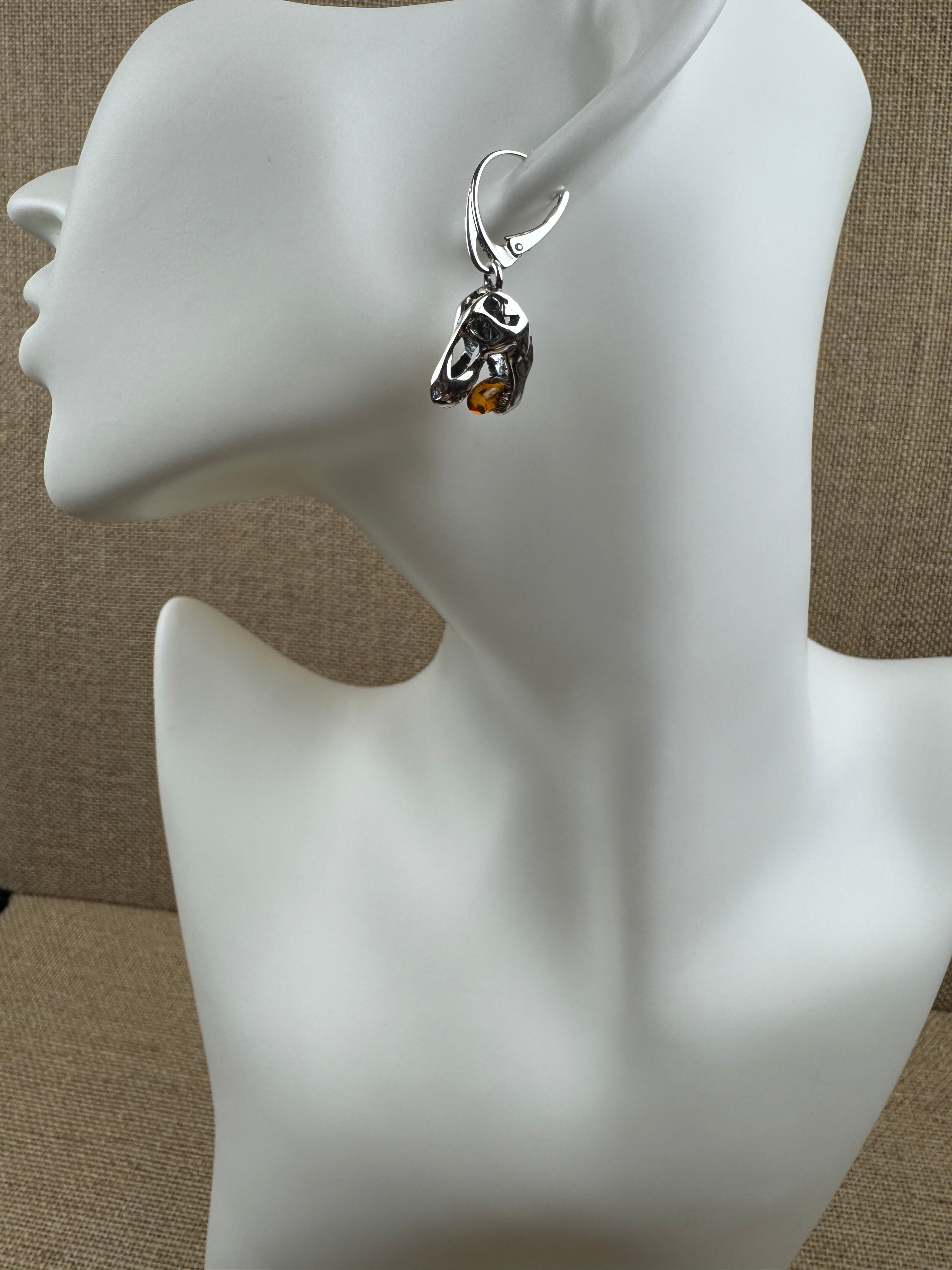 Tyrannosaurus Rex Lever Back Earrings – Sterling Silver & Baltic Amber
