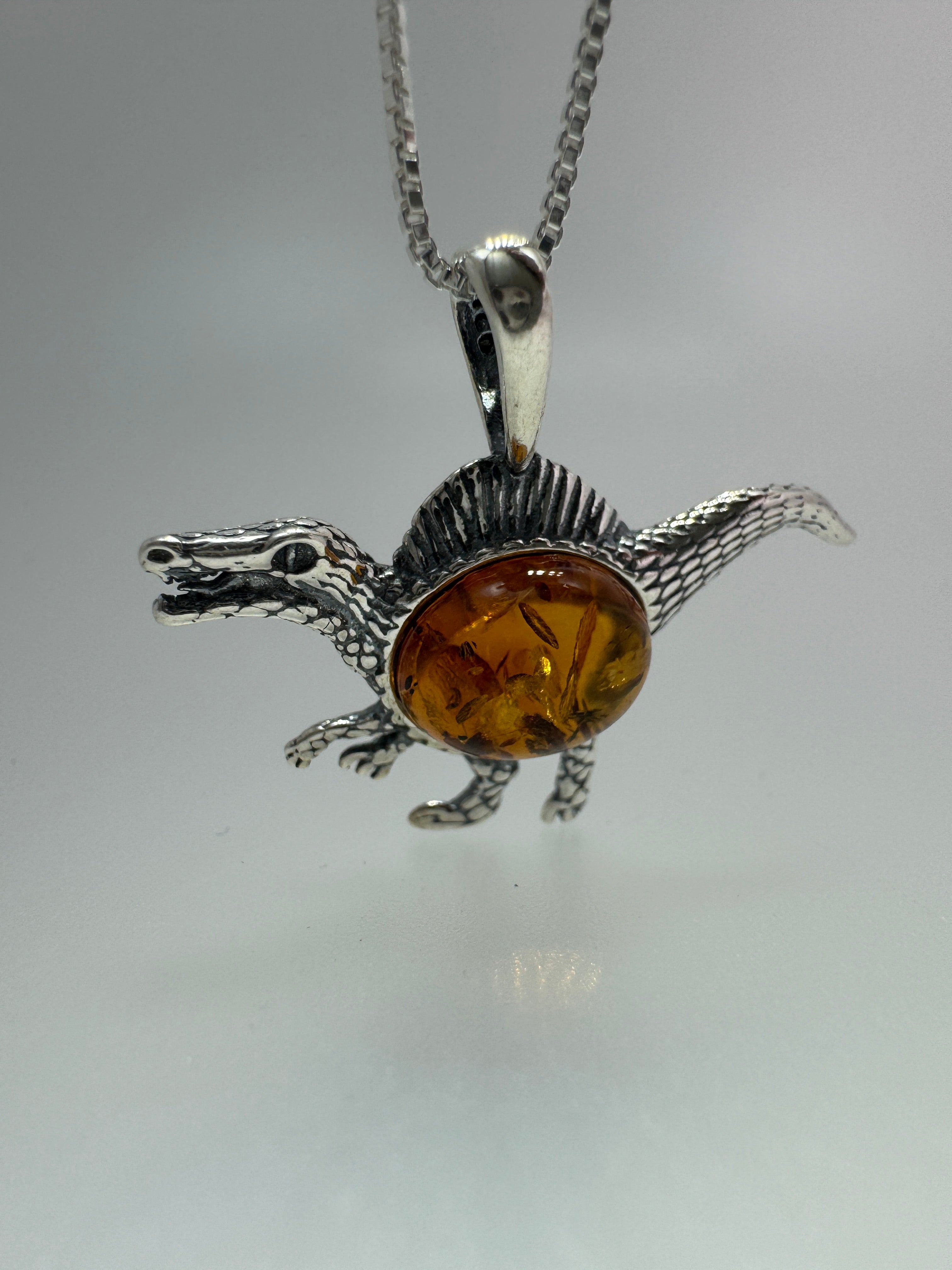 Small Raptor Dinosaur Pendant – Baltic Amber & Sterling Silver