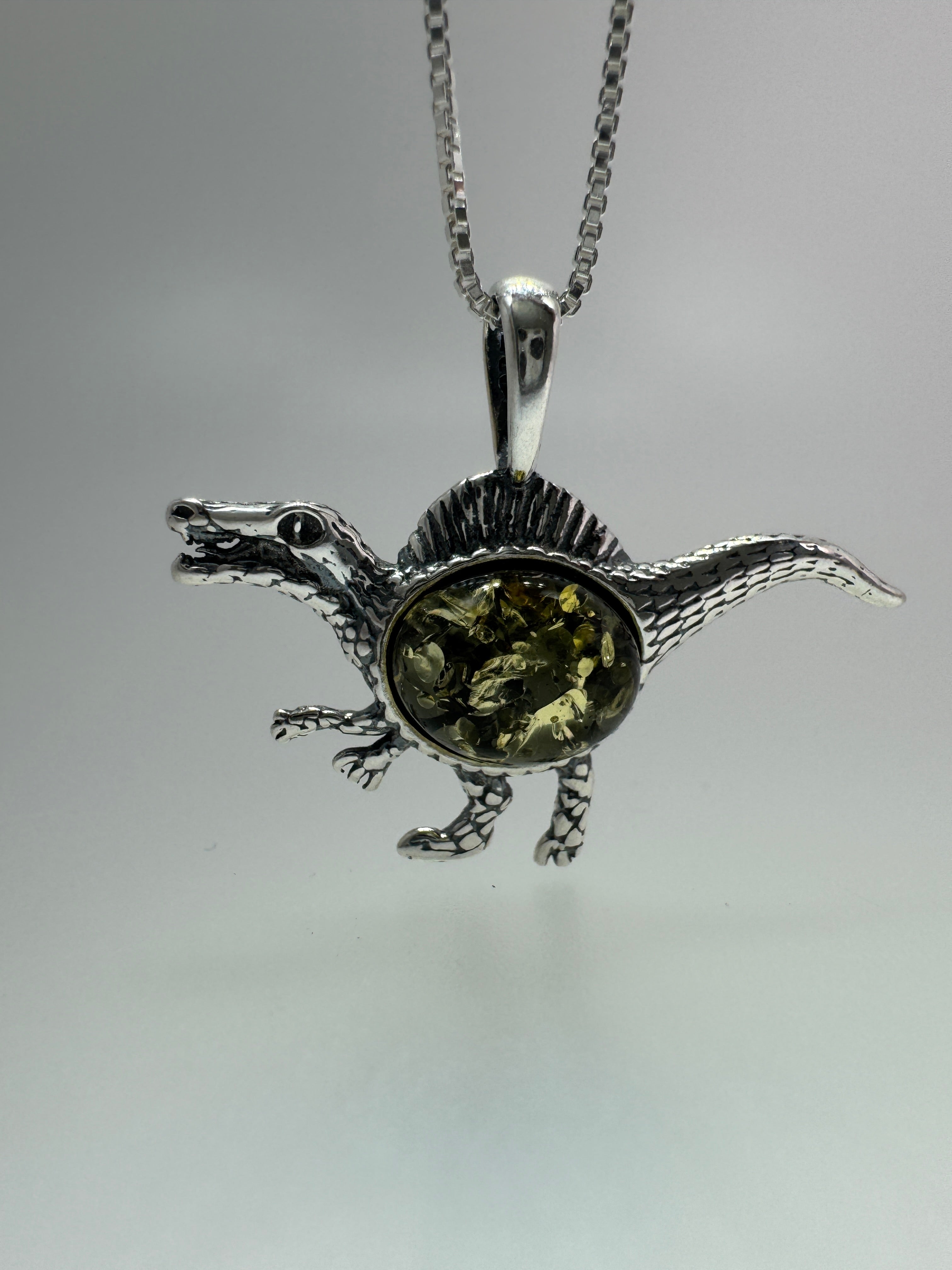 Small Raptor Dinosaur Pendant – Baltic Amber & Sterling Silver