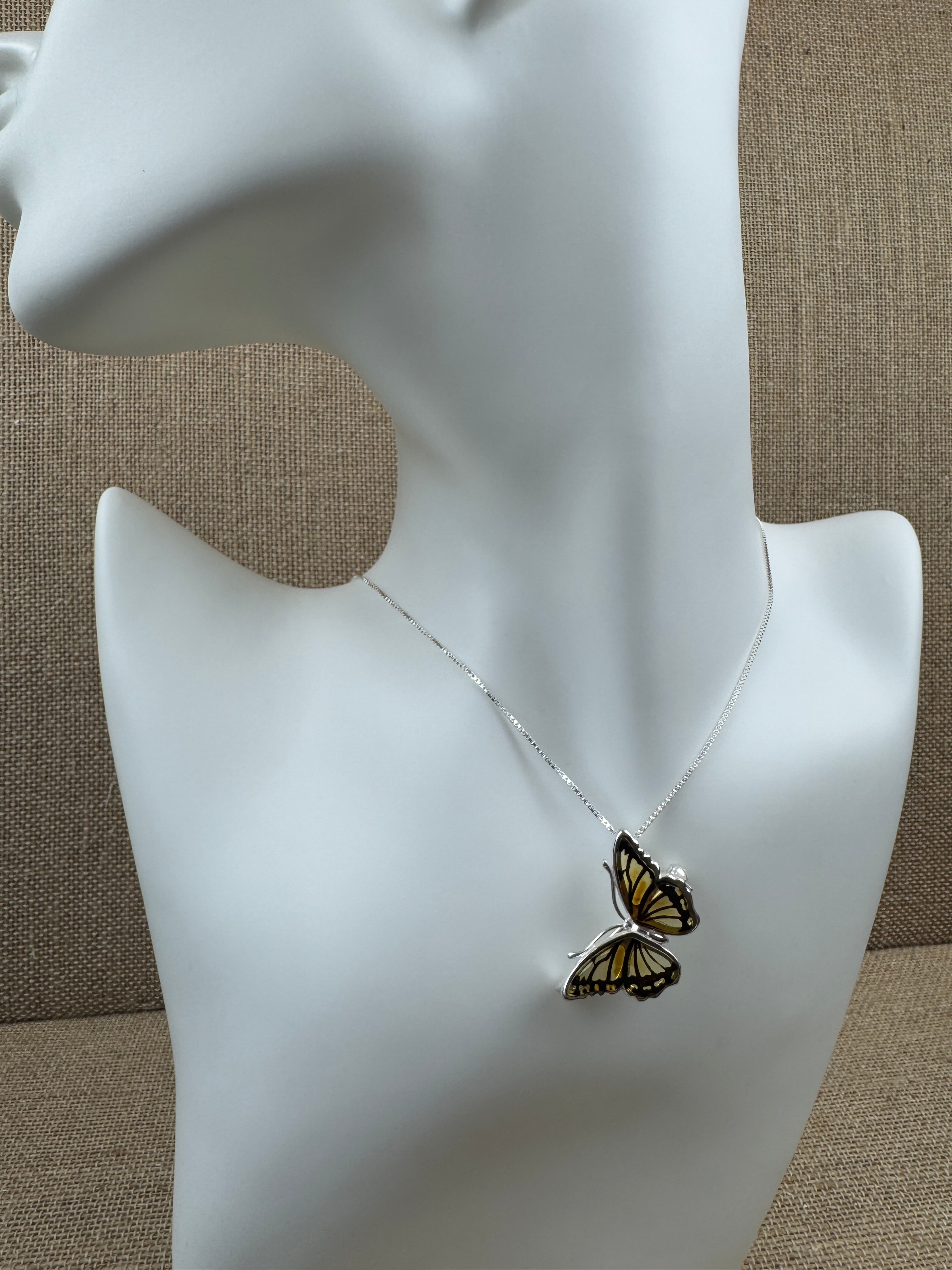 Hand-Etched Baltic Amber Butterfly Pendant & Brooch – Sterling Silver Versatility