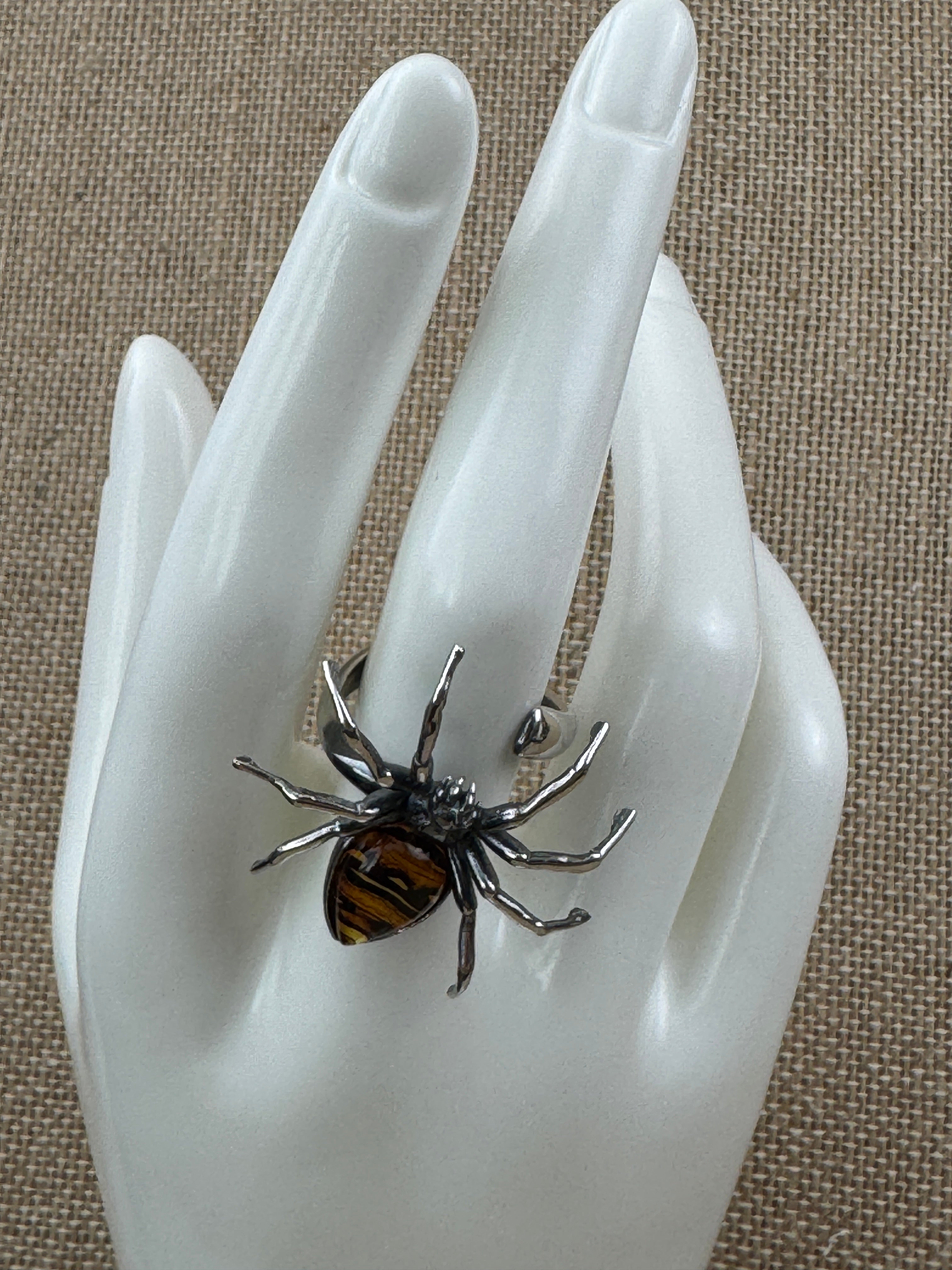 Sterling Silver Spider Ring with Hand-Etched Baltic Amber – Adjustable Statement Design