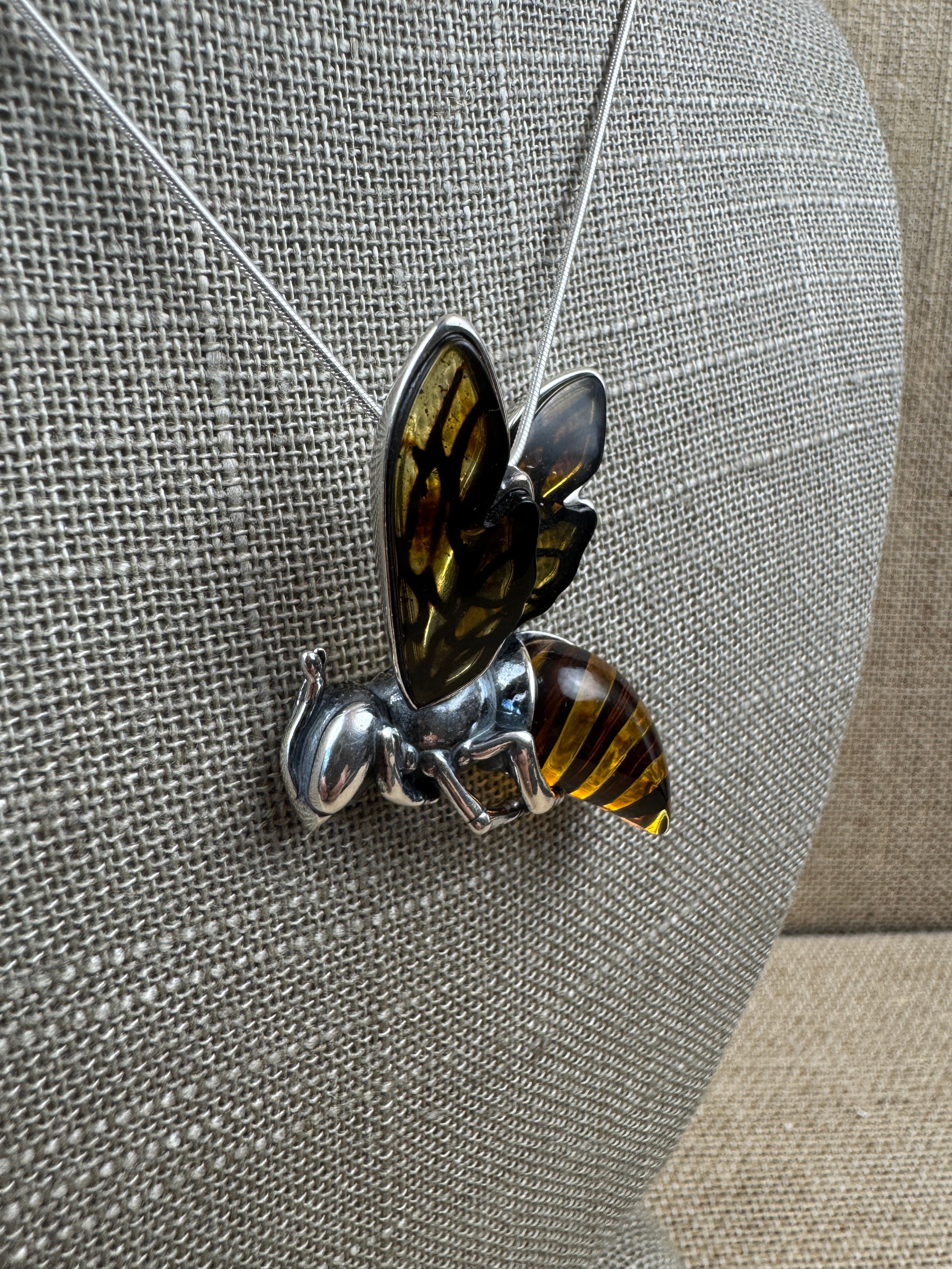 Handmade Sterling Silver & Striped Baltic Amber Bumblebee Pendant on Silver chain