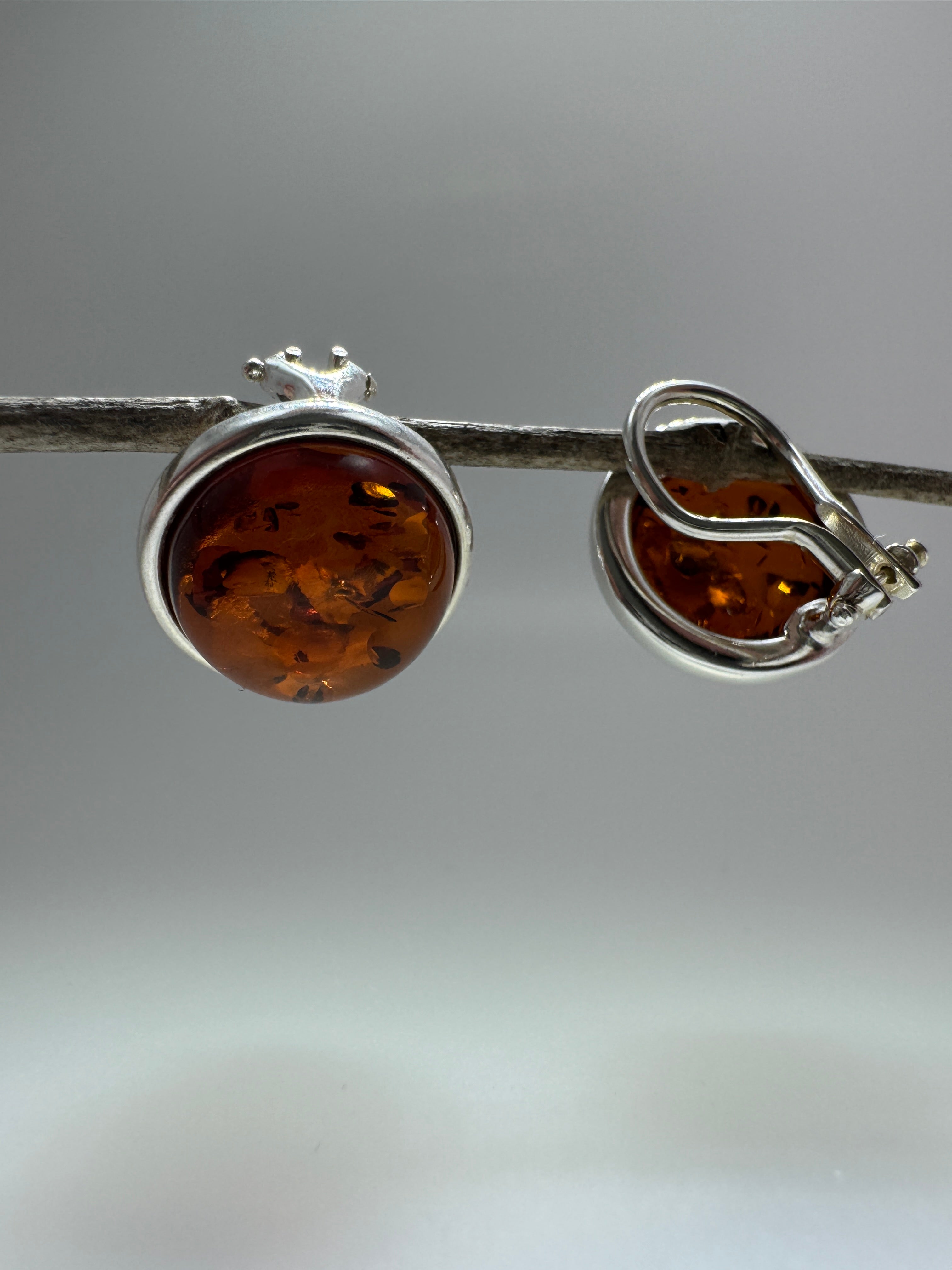 Cognac Baltic Amber Clip-On Earrings – Sterling Silver, 14 mm Round Cabochons, No Piercing Needed