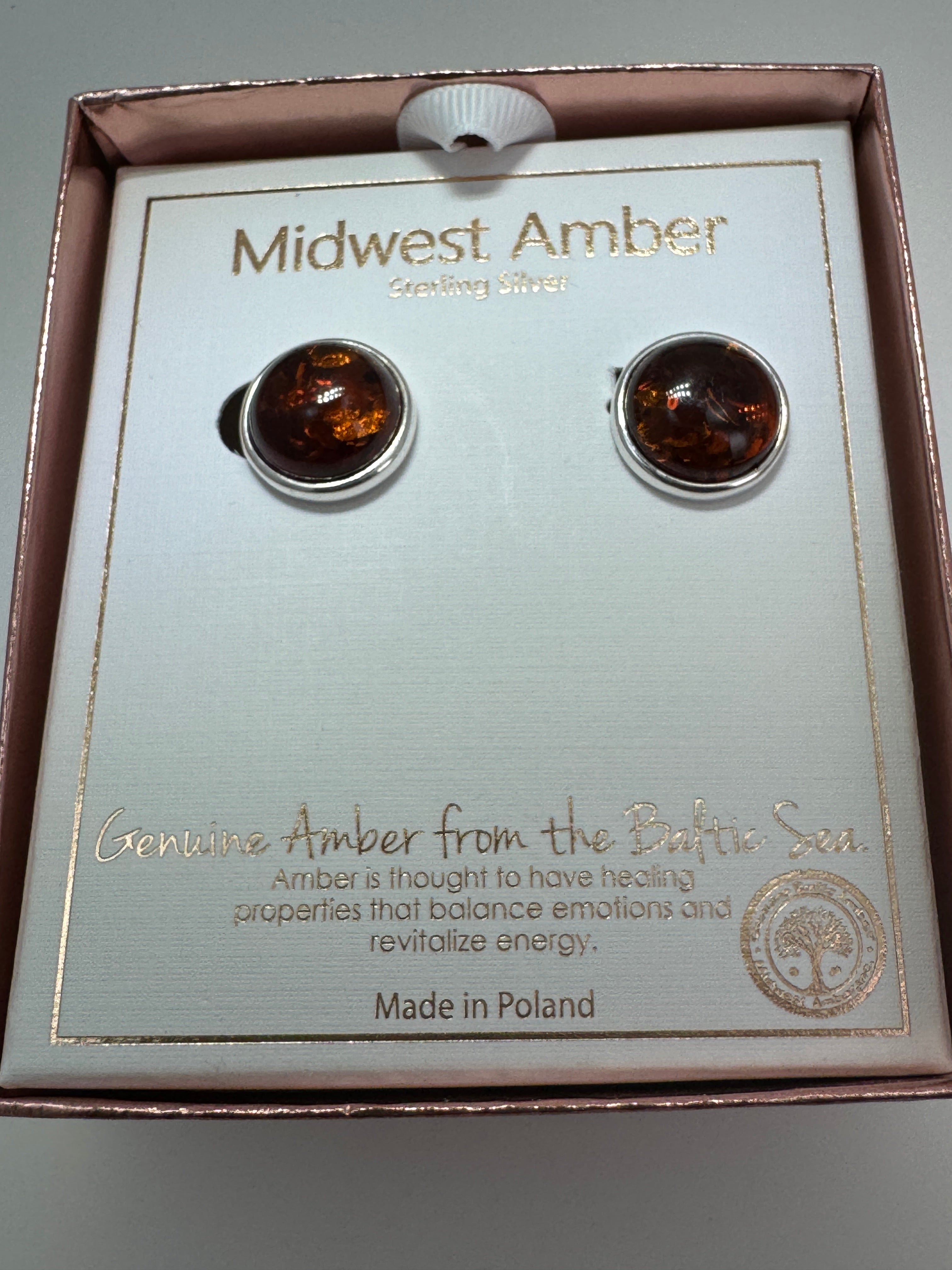 Cognac Baltic Amber Clip-On Earrings – Sterling Silver, 14 mm Round Cabochons, No Piercing Needed