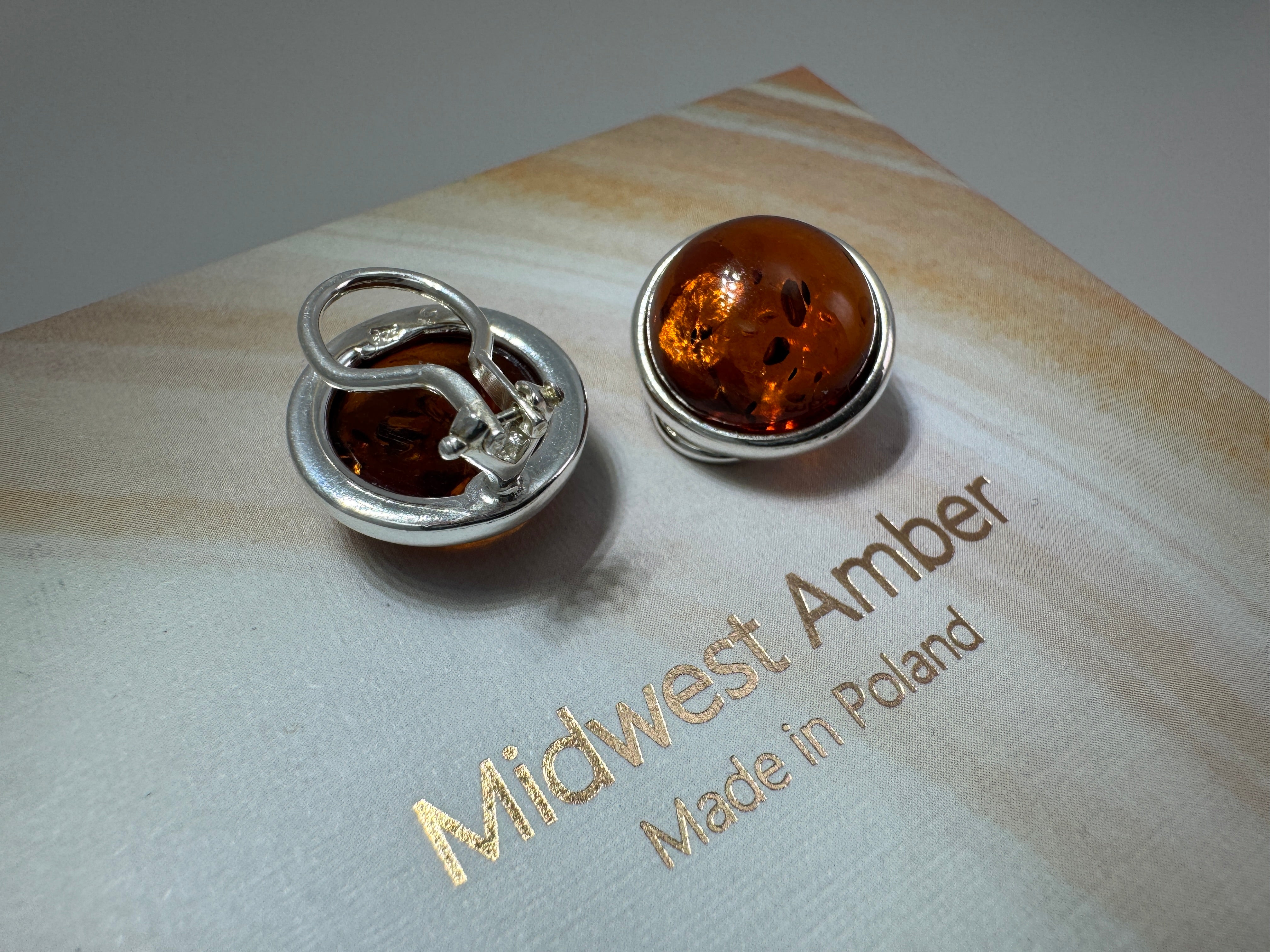 Cognac Baltic Amber Clip-On Earrings – Sterling Silver, 14 mm Round Cabochons, No Piercing Needed