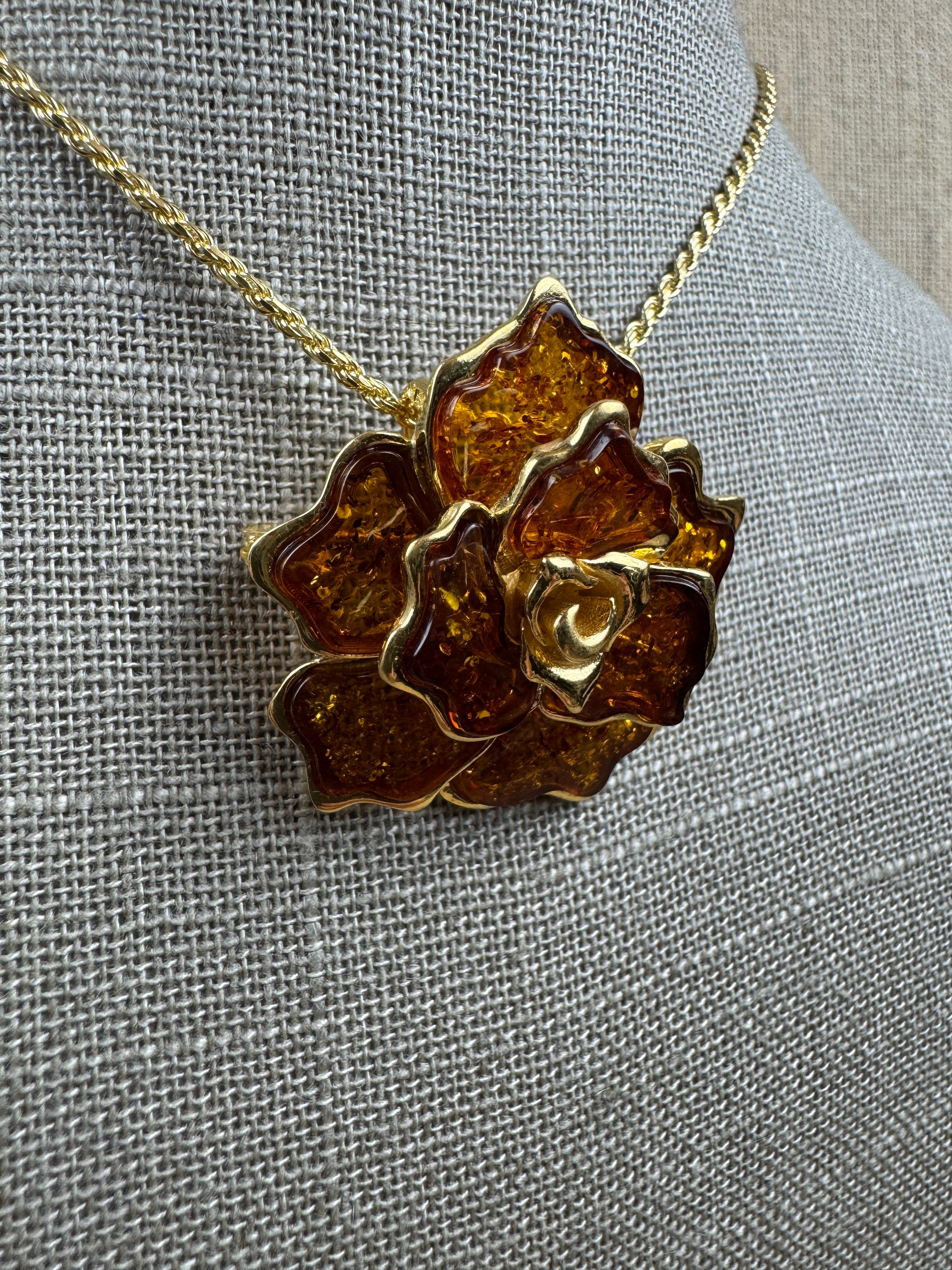 One-of-a-Kind Handmade Baltic Amber Flower Brooch & Pendant on silver chain