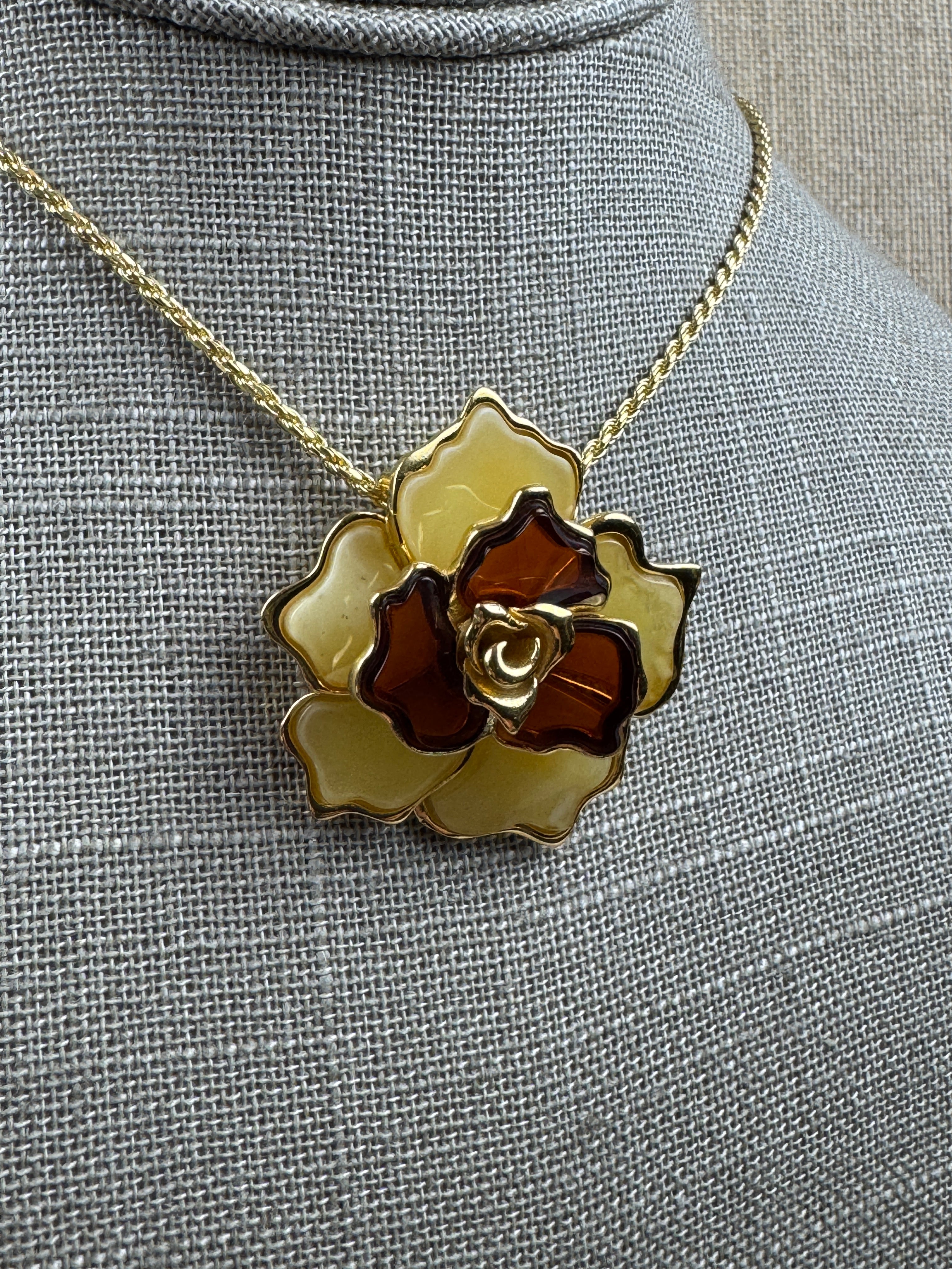 One-of-a-Kind Cherry & Lemon Baltic Amber Flower Pendant on Silver chain