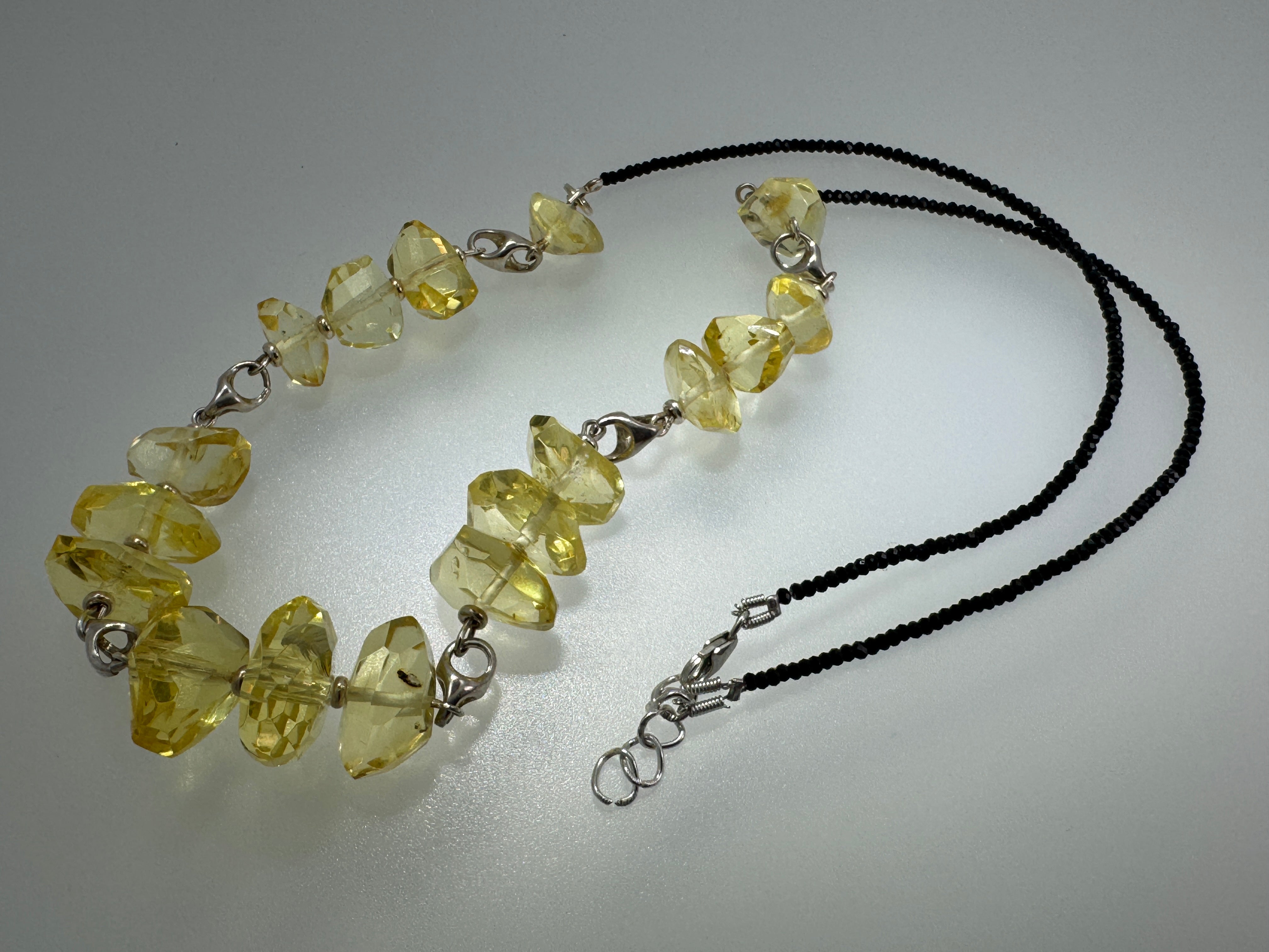 Lemon Amber Bead Necklace with Black Onyx – Handcrafted 24” Design from Lithuania