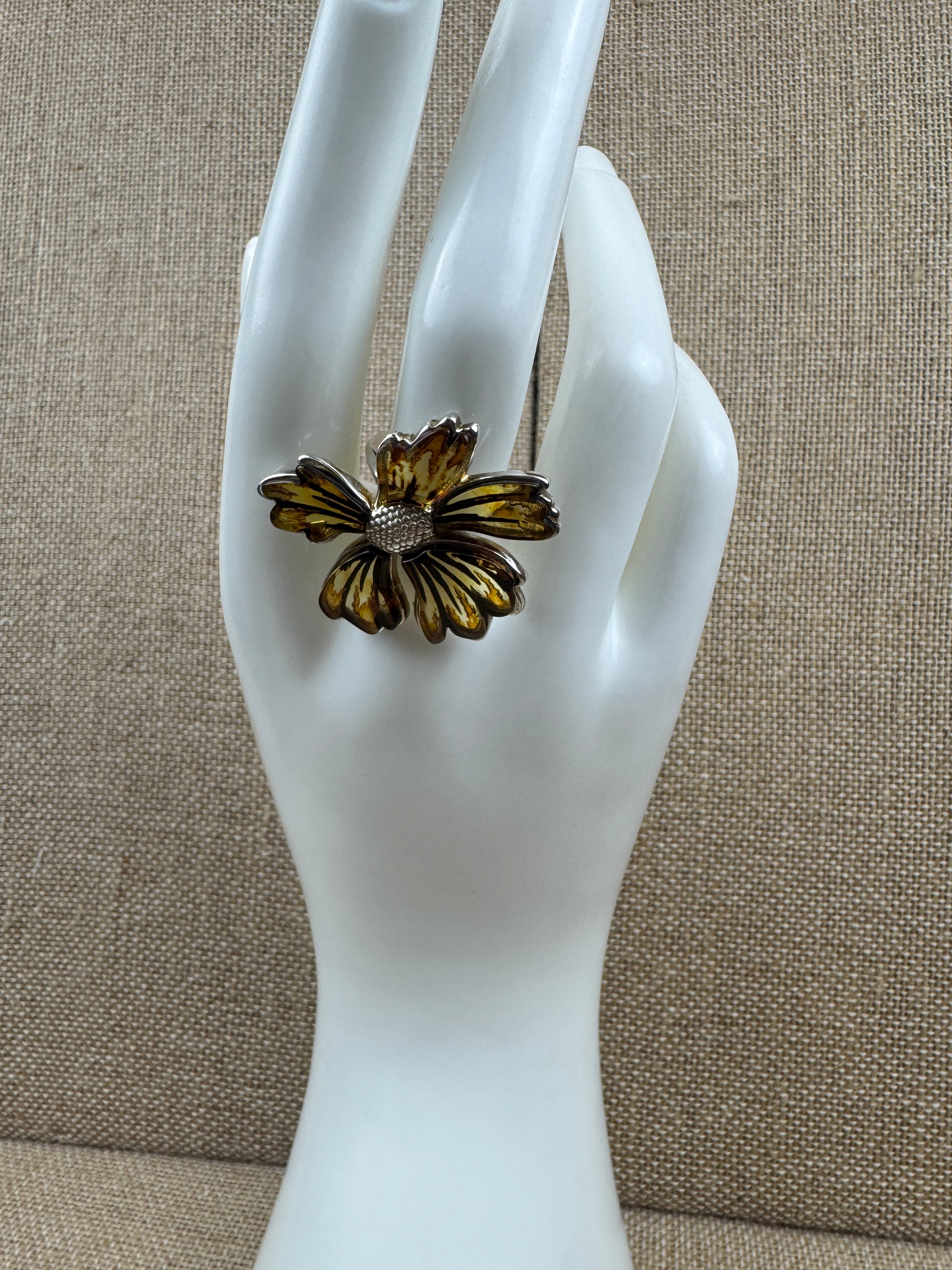 Hand-Etched Baltic Amber Flower Ring – Adjustable Sterling Silver Design with Matching Pendant