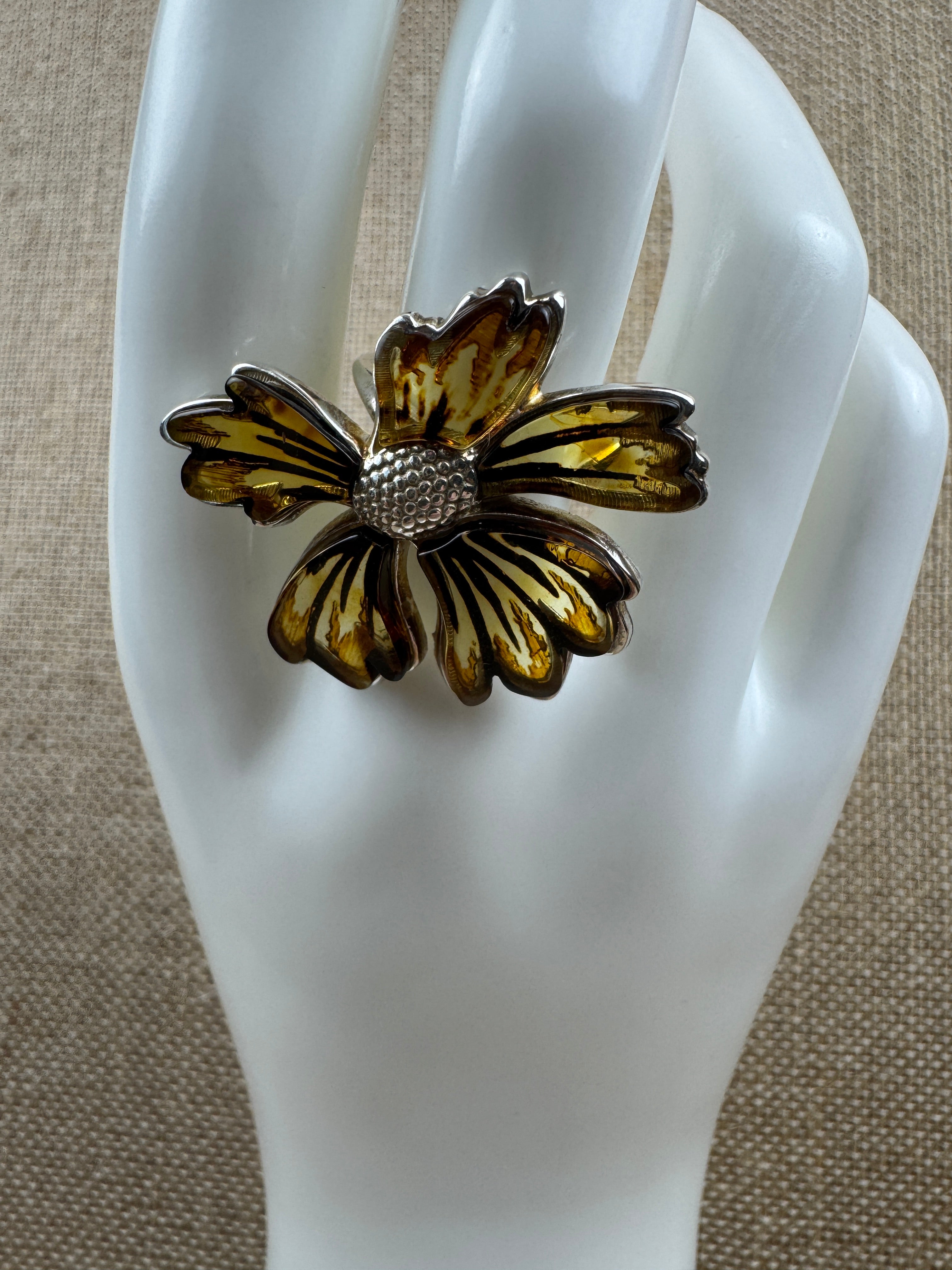 Hand-Etched Baltic Amber Flower Ring – Adjustable Sterling Silver Design with Matching Pendant