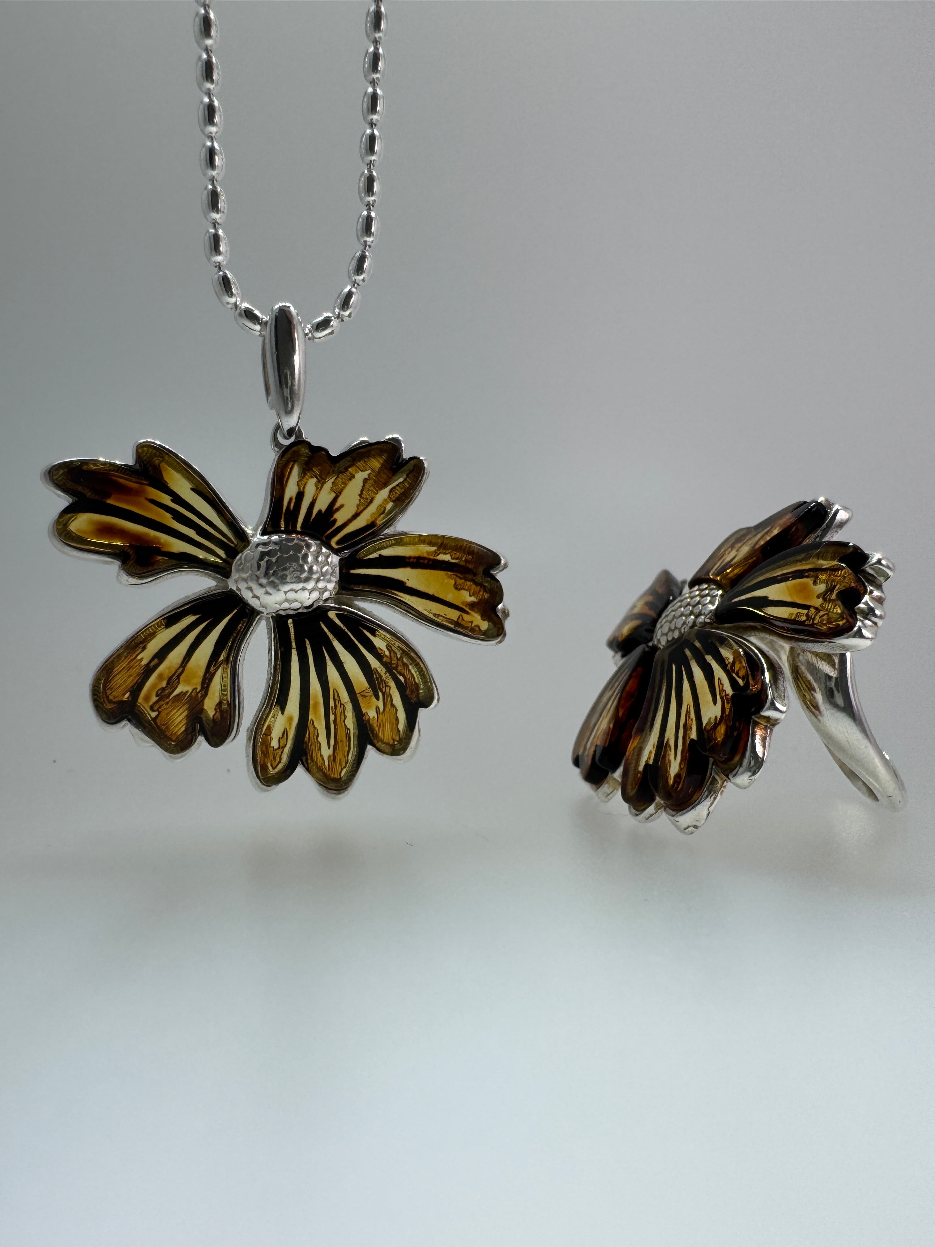 Hand-Etched Baltic Amber Flower Ring – Adjustable Sterling Silver Design with Matching Pendant