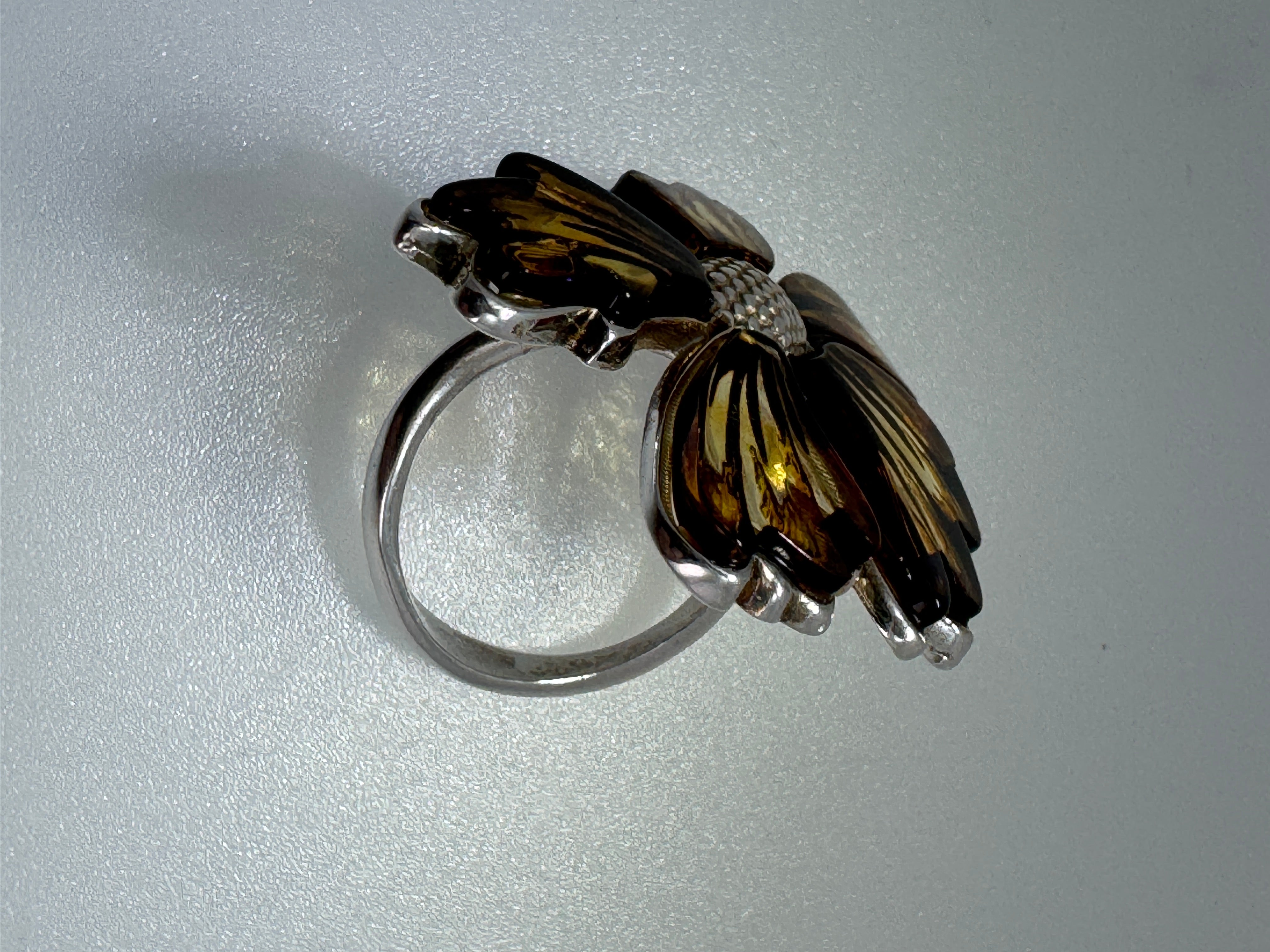 Hand-Etched Baltic Amber Flower Ring – Adjustable Sterling Silver Design with Matching Pendant