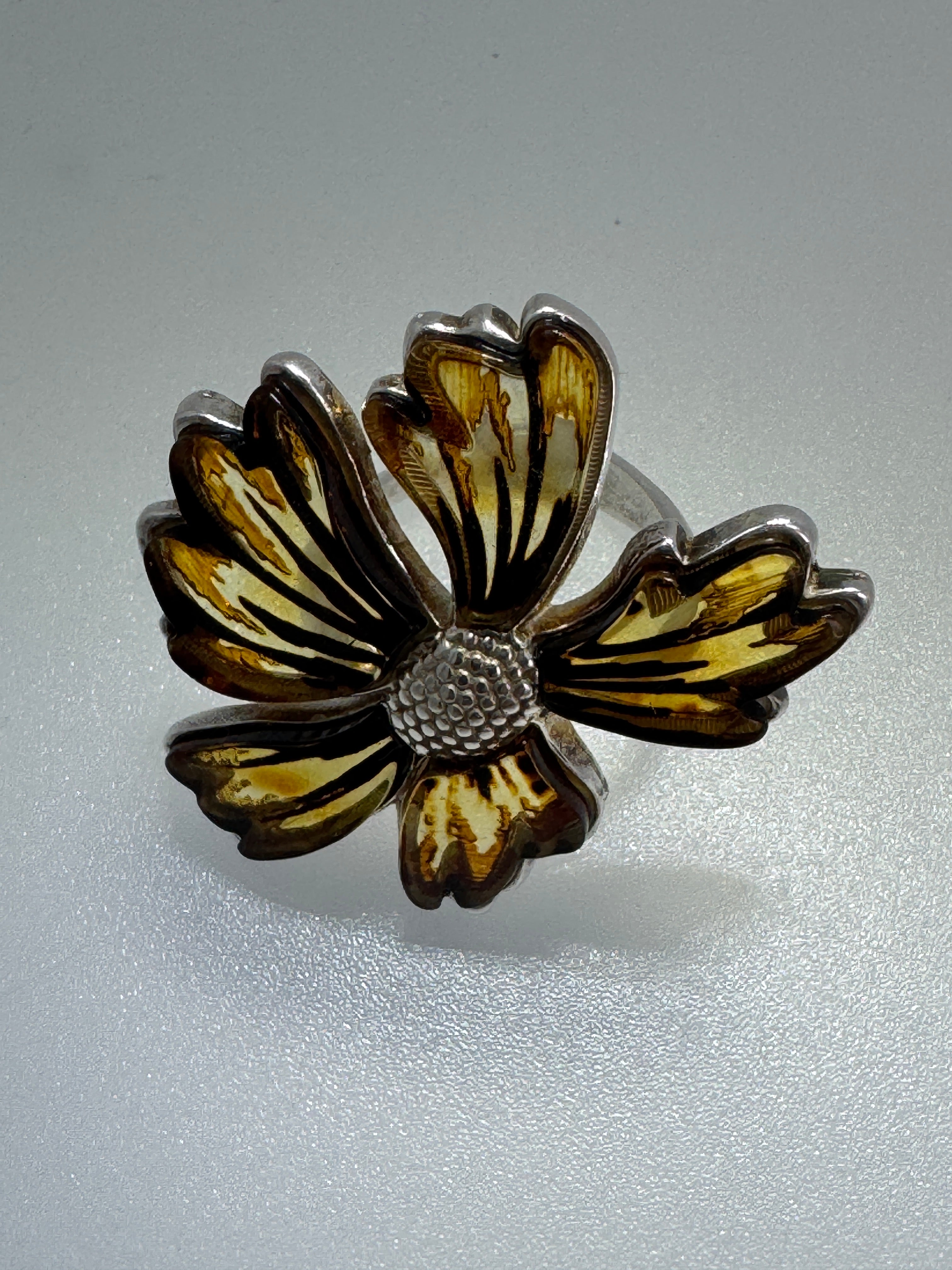 Hand-Etched Baltic Amber Flower Ring – Adjustable Sterling Silver Design with Matching Pendant
