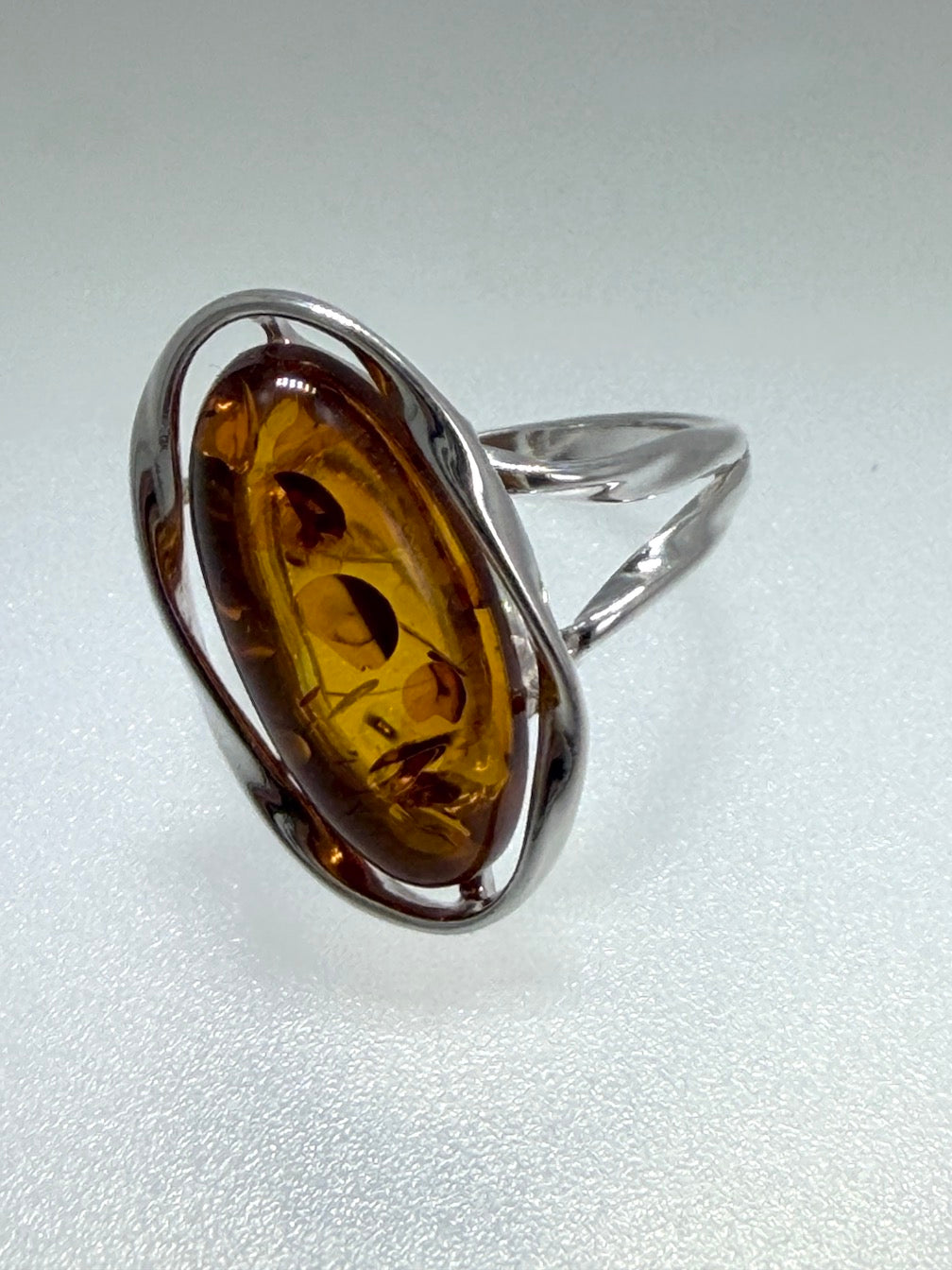 Genuine Baltic Amber Oval Cognac Ring in Sterling Silver
