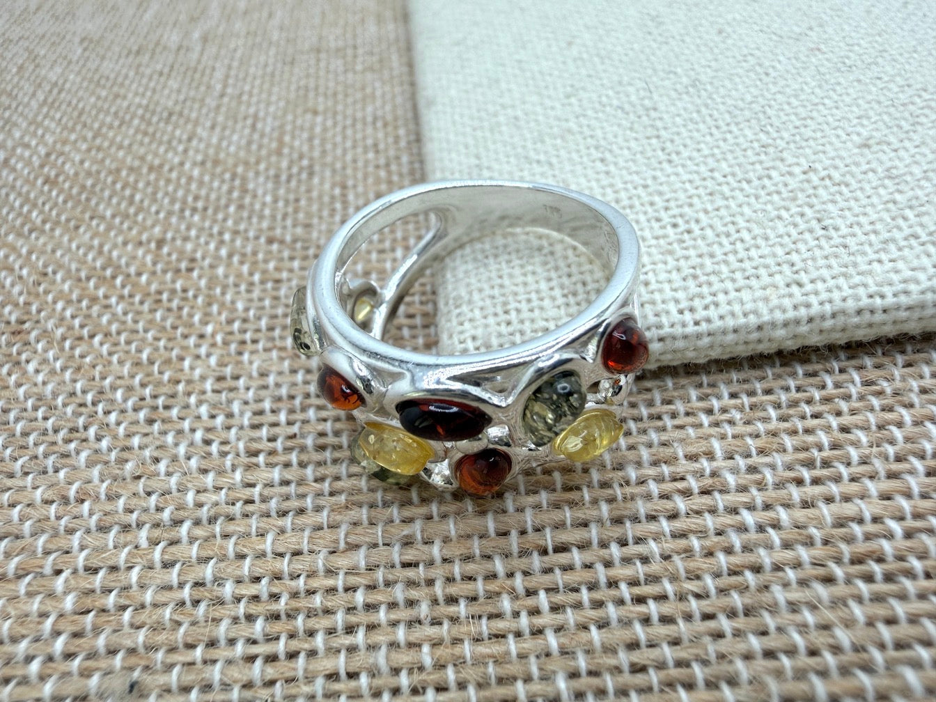 Sterling Silver Baltic Amber Wide Band Ring – Handmade in Poland 