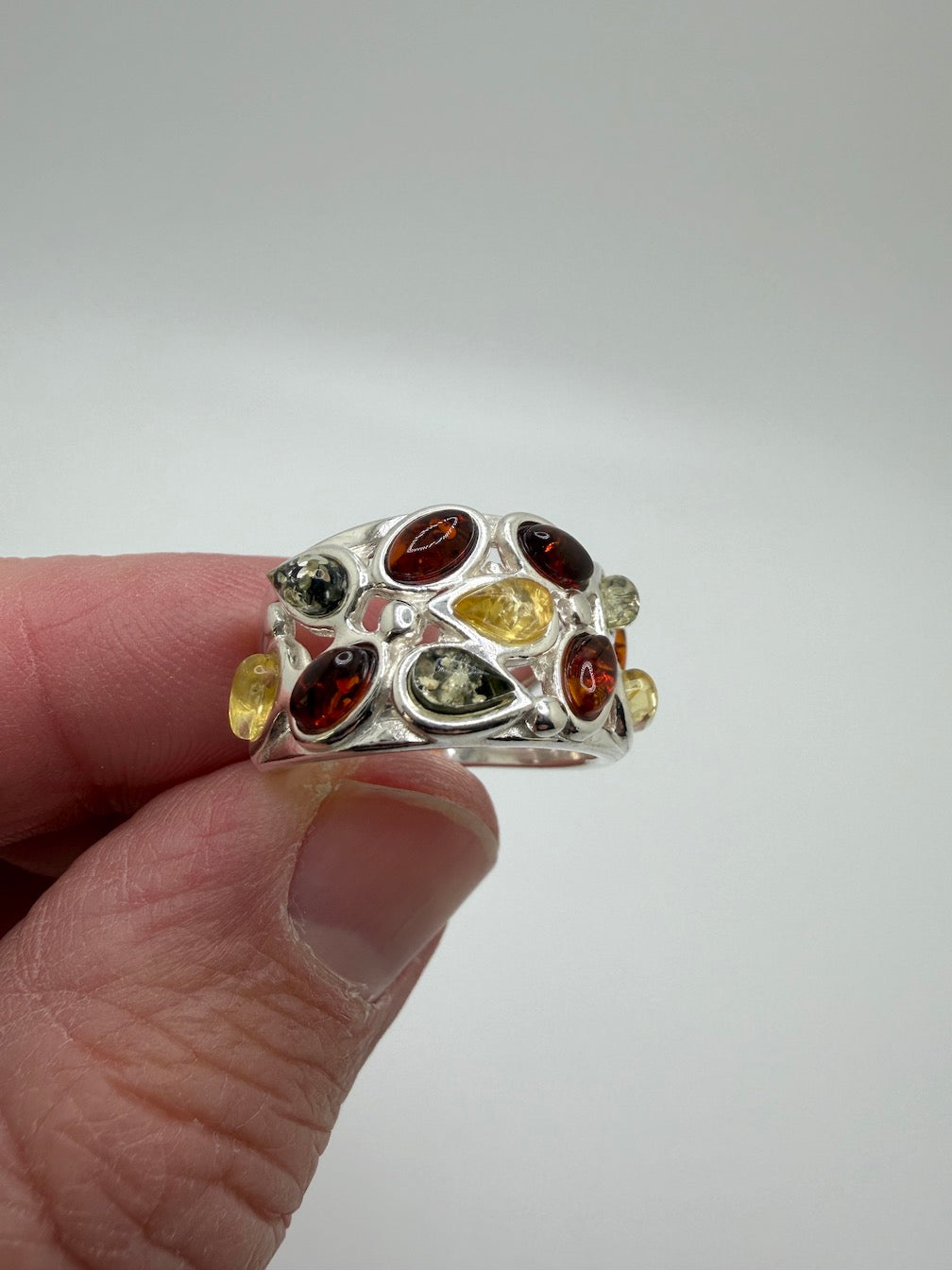 Sterling Silver Baltic Amber Wide Band Ring – Handmade in Poland 