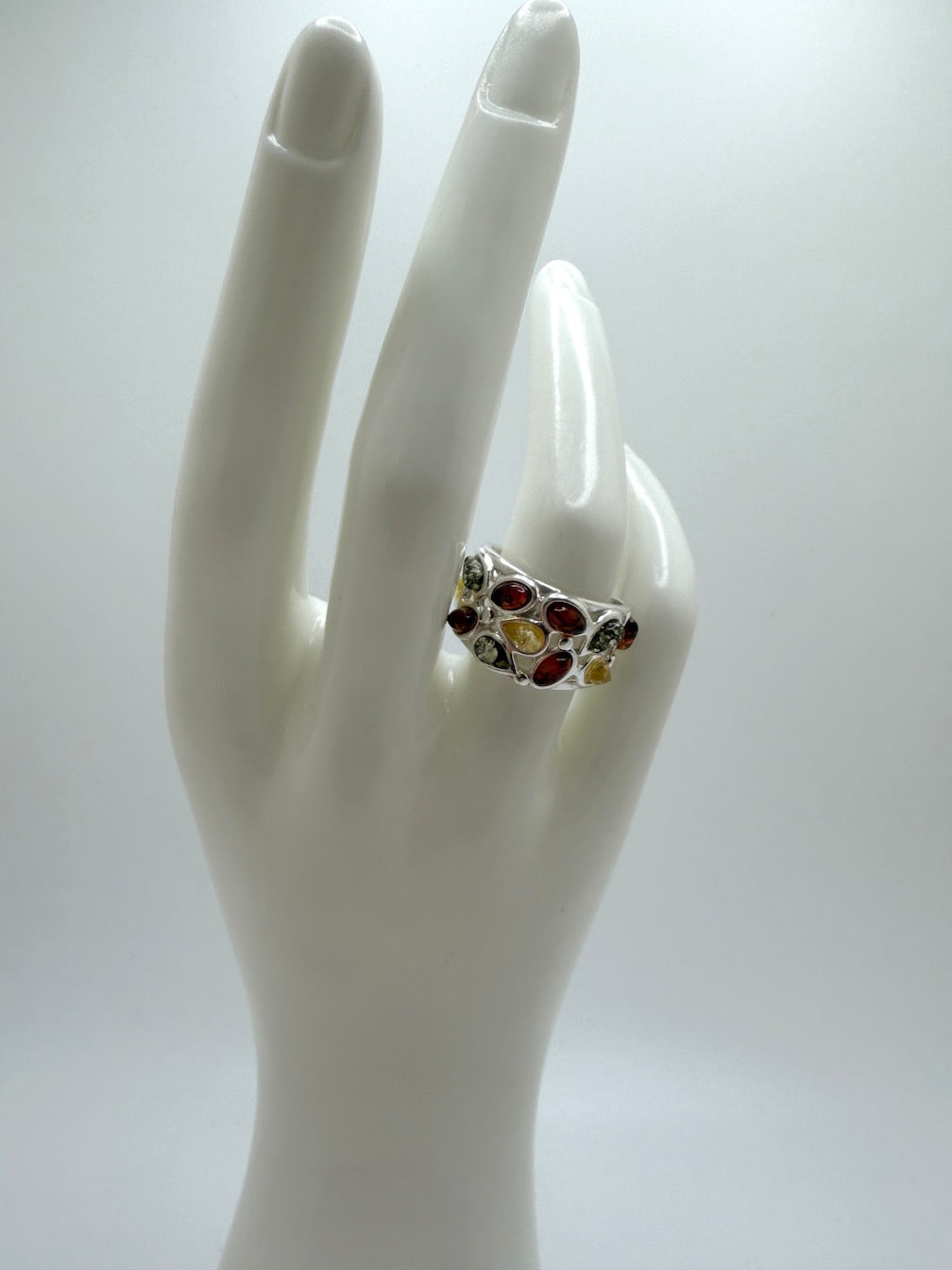 Sterling Silver Baltic Amber Wide Band Ring – Handmade in Poland 