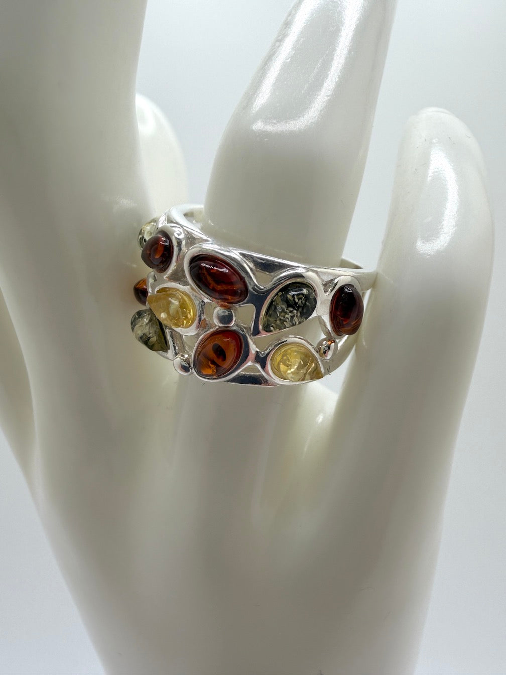 Sterling Silver Baltic Amber Wide Band Ring – Handmade in Poland 