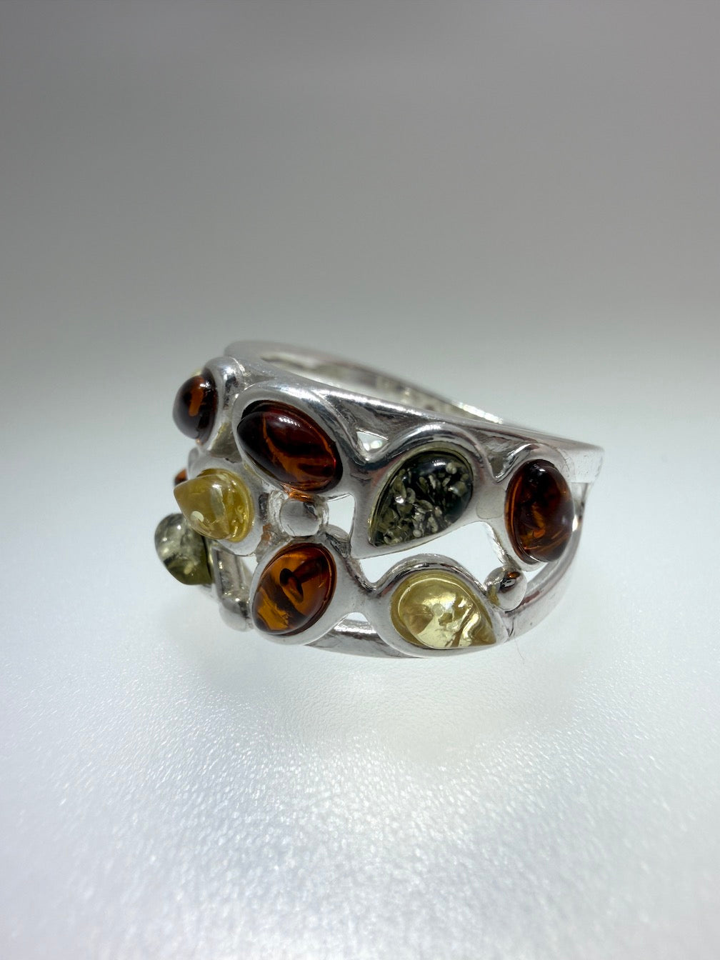 Sterling Silver Baltic Amber Wide Band Ring – Handmade in Poland 