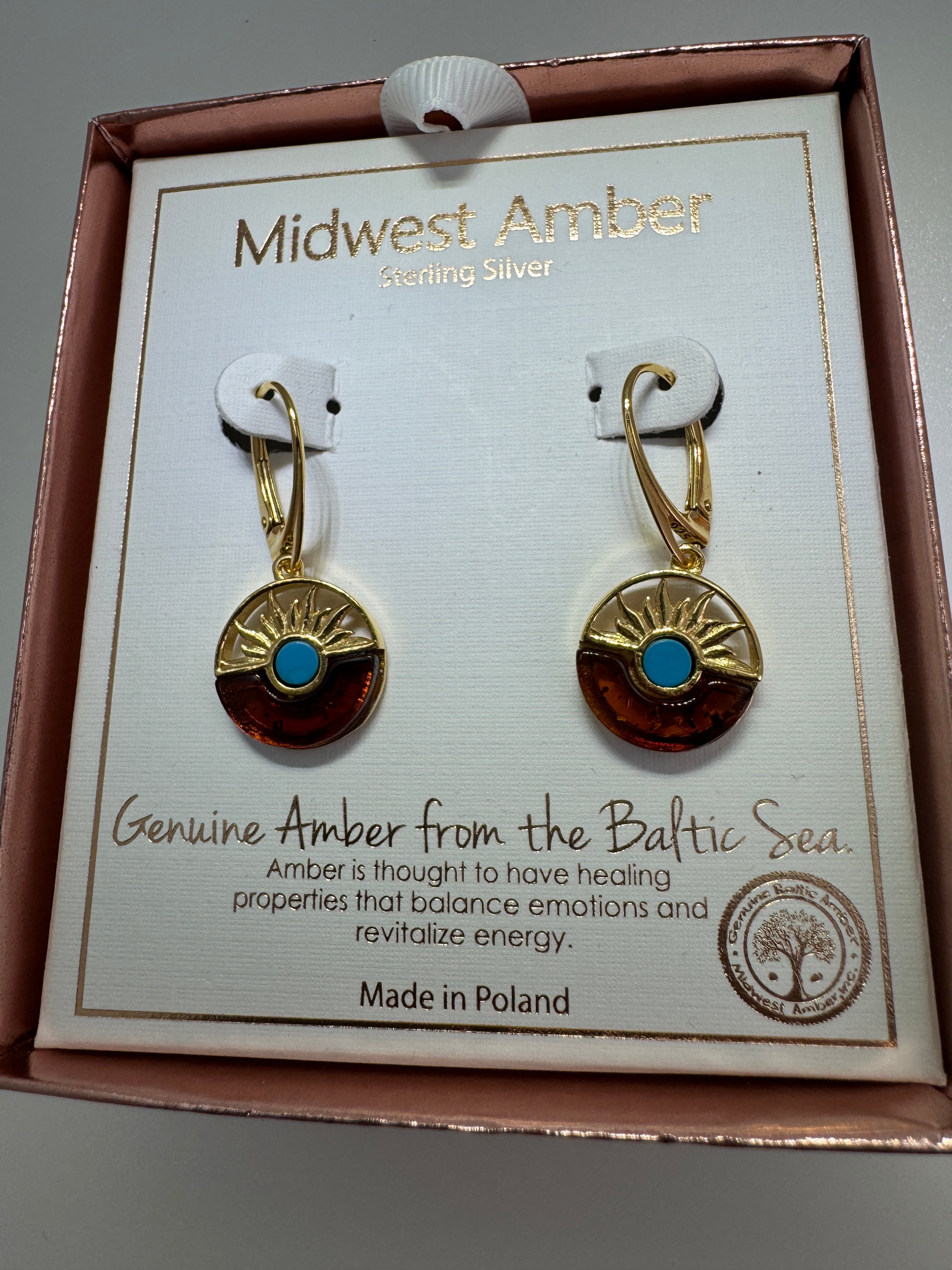Gold Plated Sterling Silver Sunrise Leverback Earrings with Baltic Amber and Turquoise – Handmade in Poland