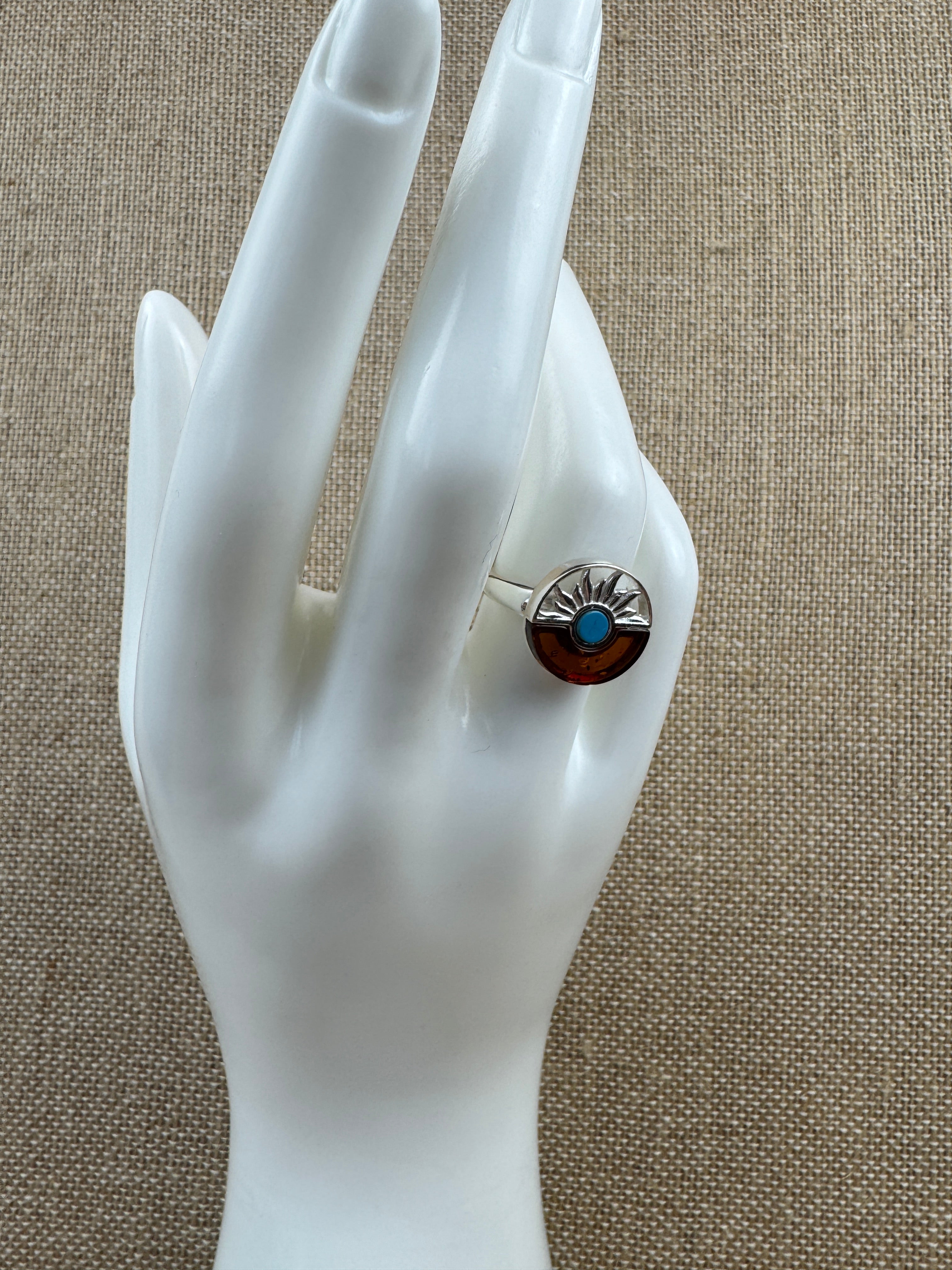 Boho-Style American Indian Inspired Ring – Inlaid Baltic Amber & Genuine Turquoise