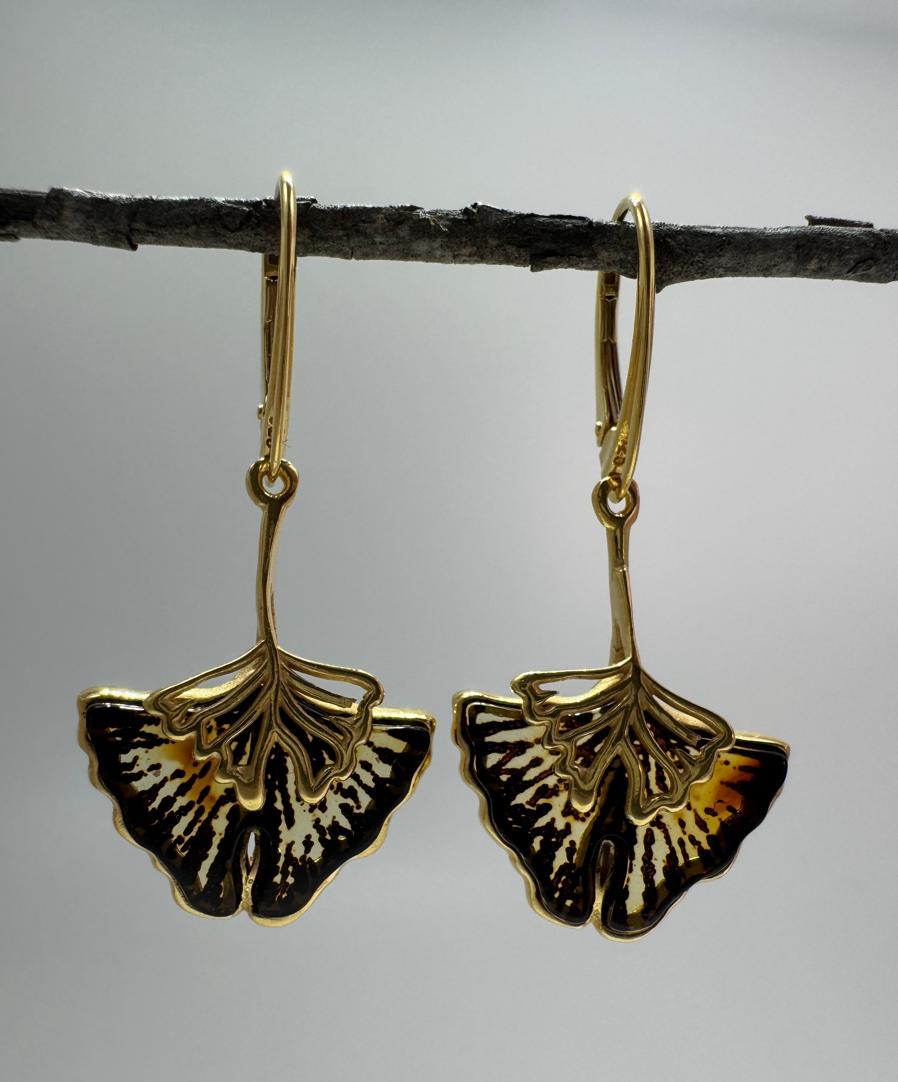 Sterling silver gold platted hand etched Baltic amber ginkgo biloba leverback earrings