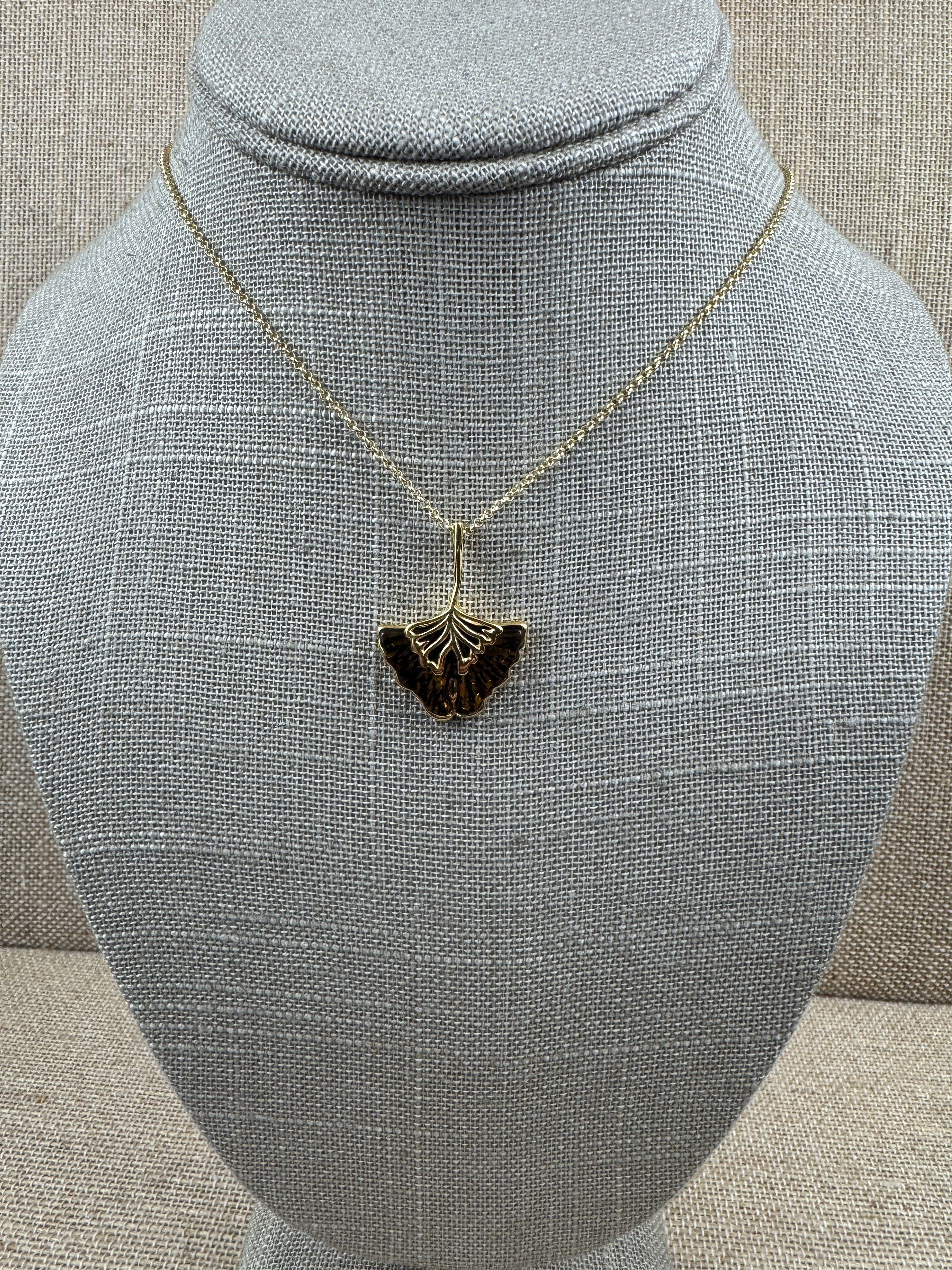 Hand etched Ginkgo Blob Baltic amber and sterling silver pendant on silver chain