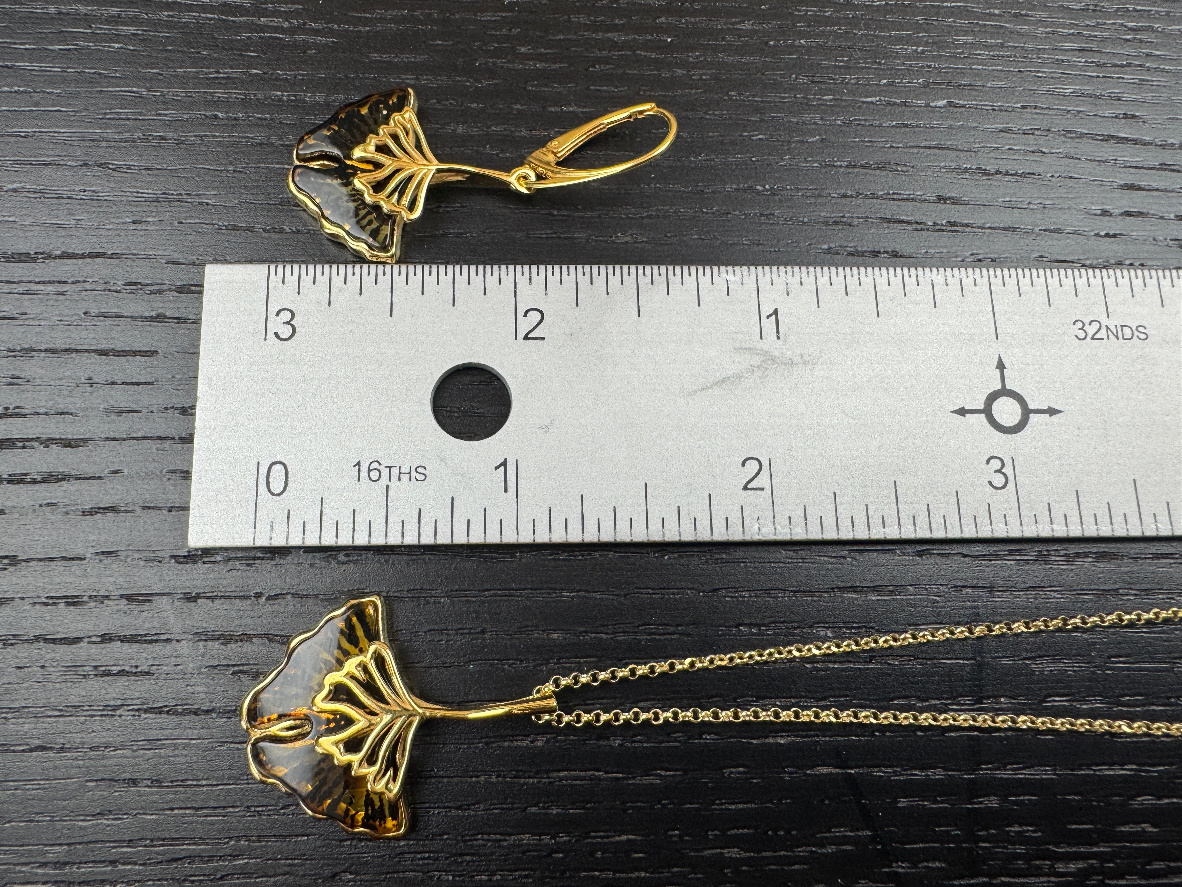 Sterling silver gold platted hand etched Baltic amber ginkgo biloba leverback earrings
