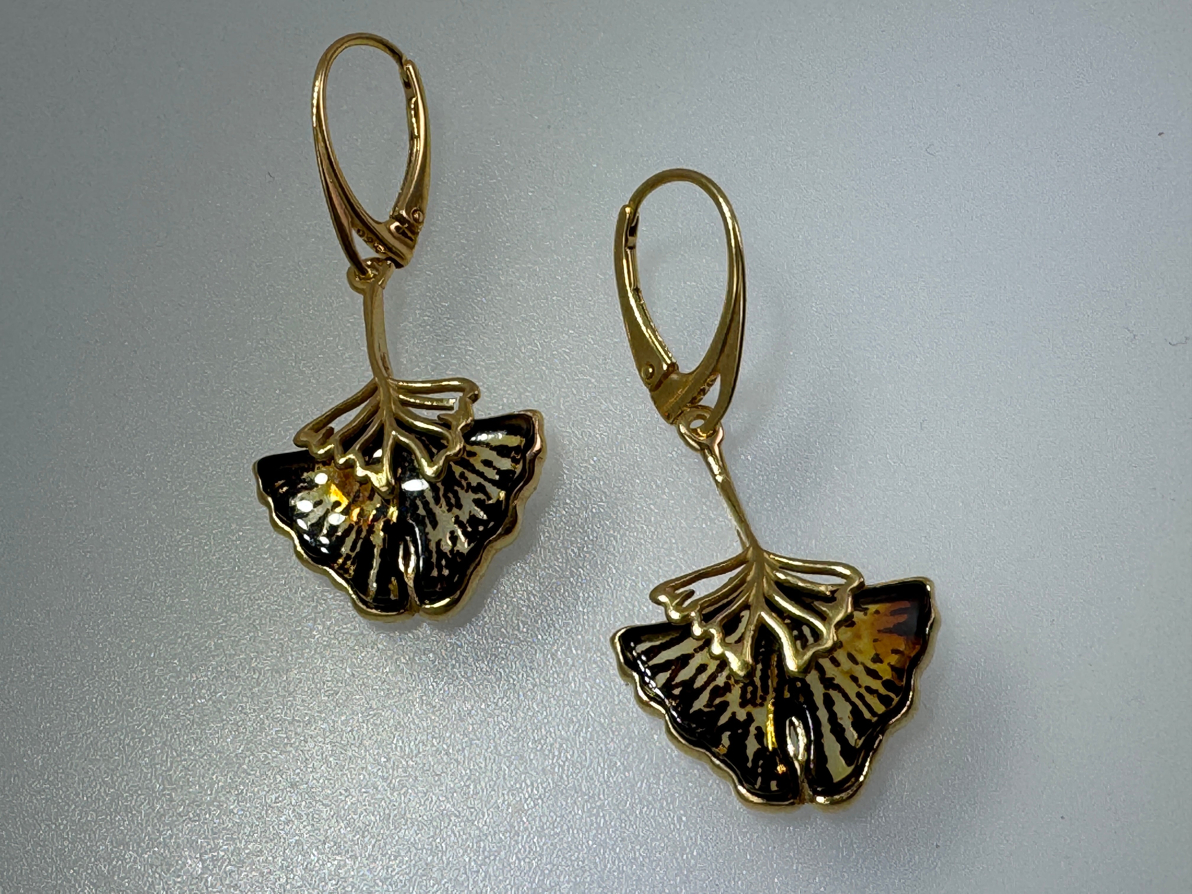 Sterling silver gold platted hand etched Baltic amber ginkgo biloba leverback earrings