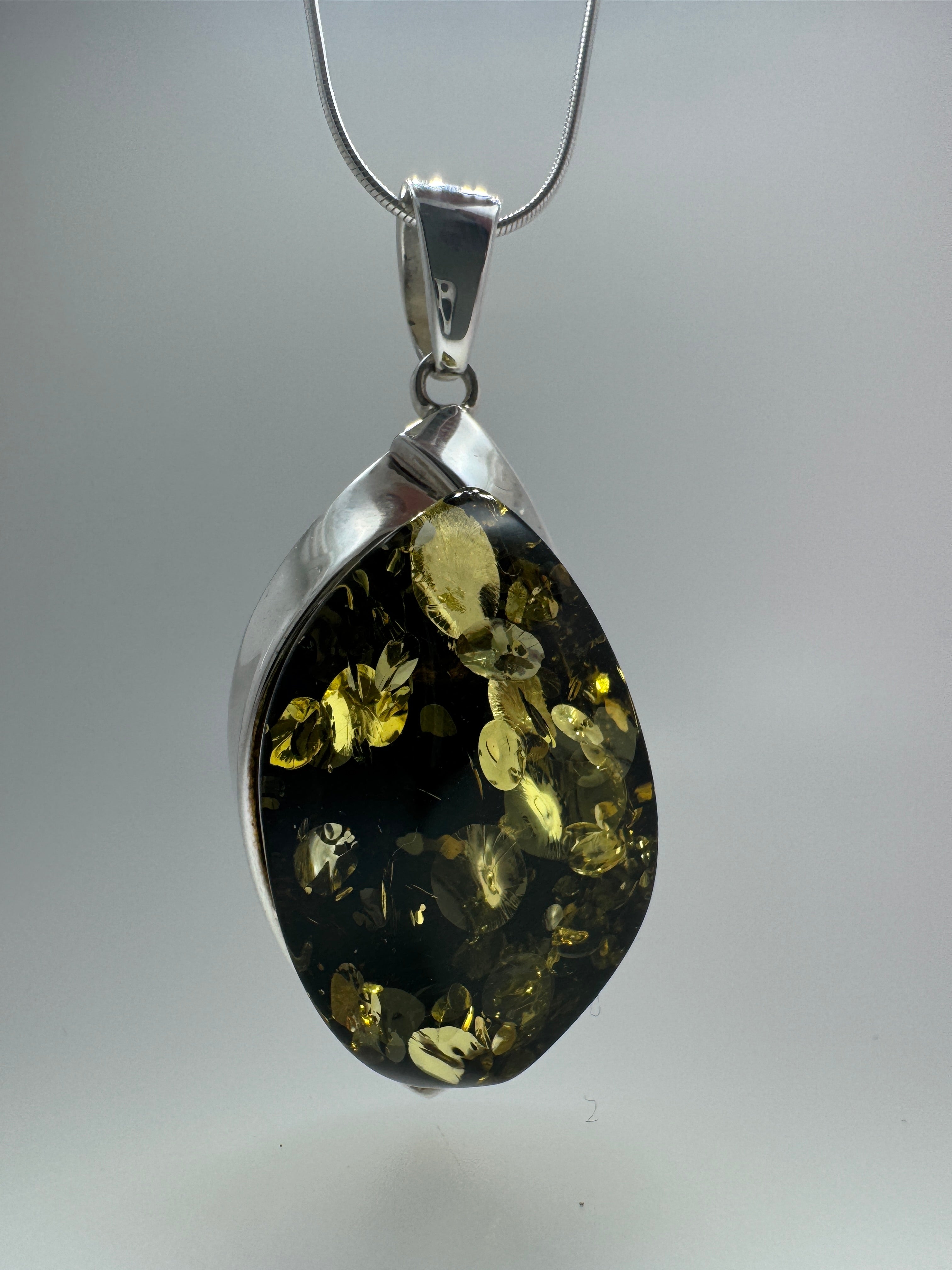 Handmade Green Baltic Amber Ombré Artistic Pendant - Sterling Silver - Choice of Chain