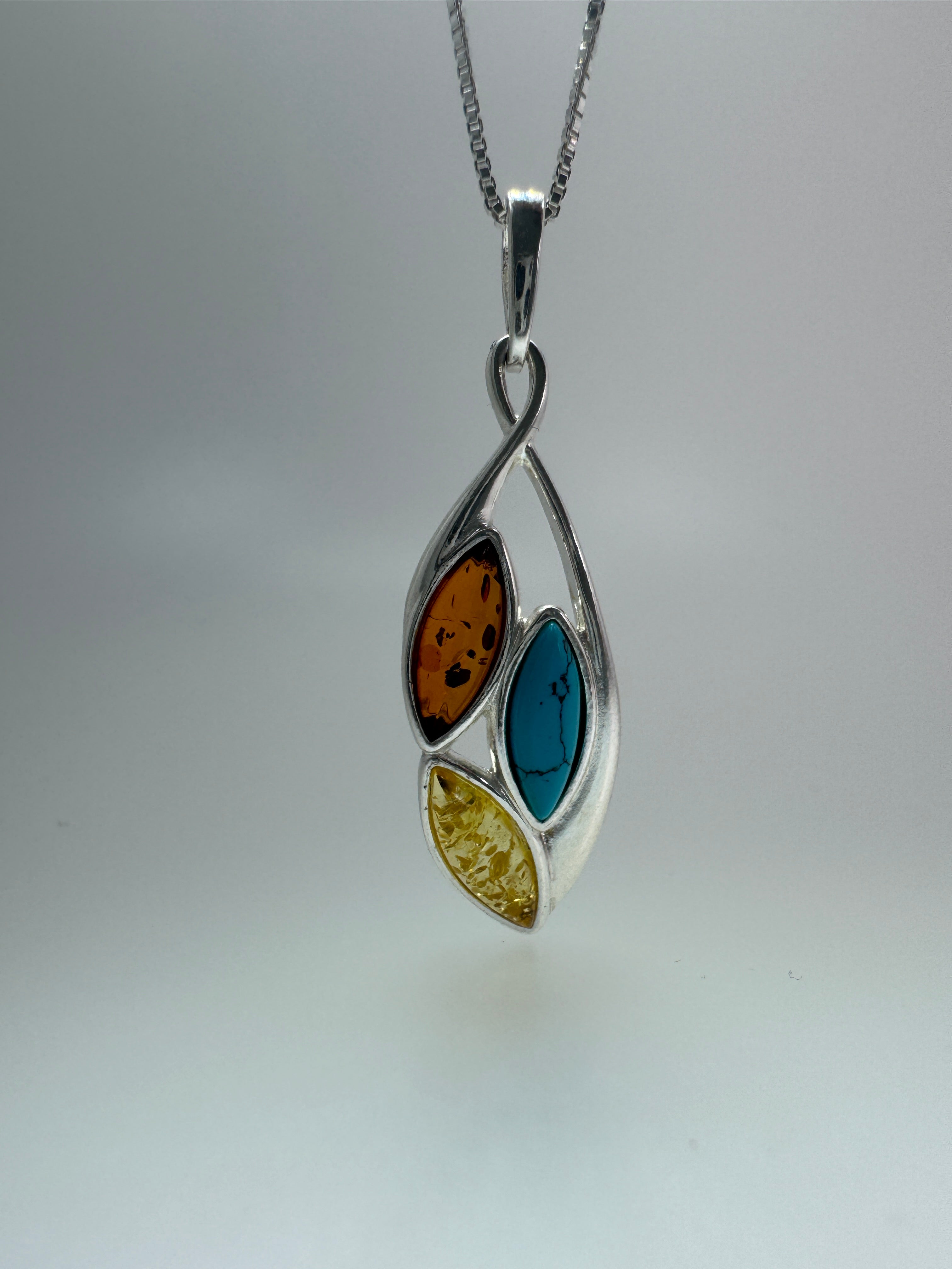 Multicolor Baltic Amber & Turquoise Pendant – Earthy Elegance in Sterling Silver