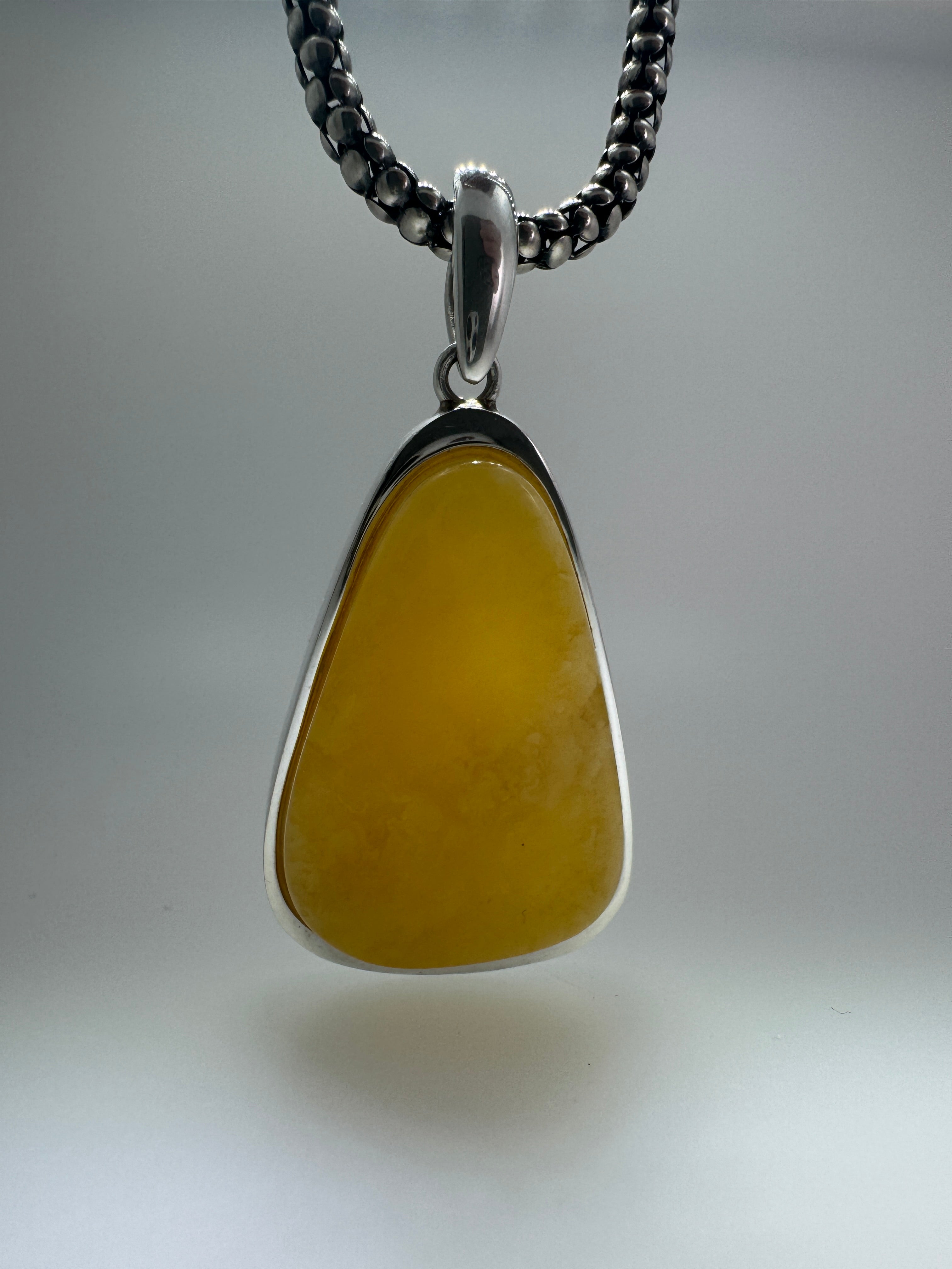 One-of-a-Kind Butterscotch Amber Pendant – Sterling Silver & Beaded Chain