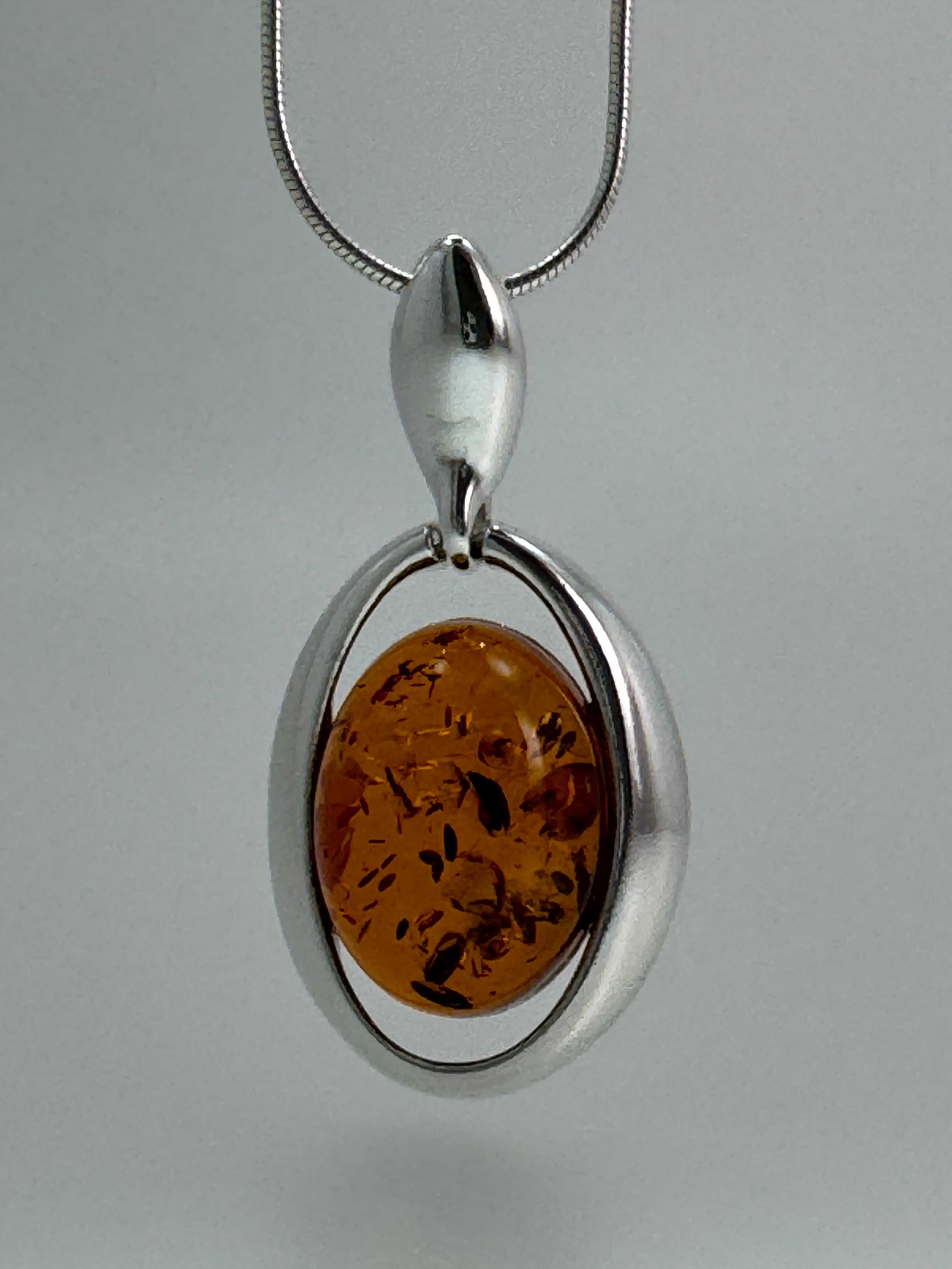 Modern Oval Cognac Amber Pendant Shipped on Choice of Sterling Silver Chain