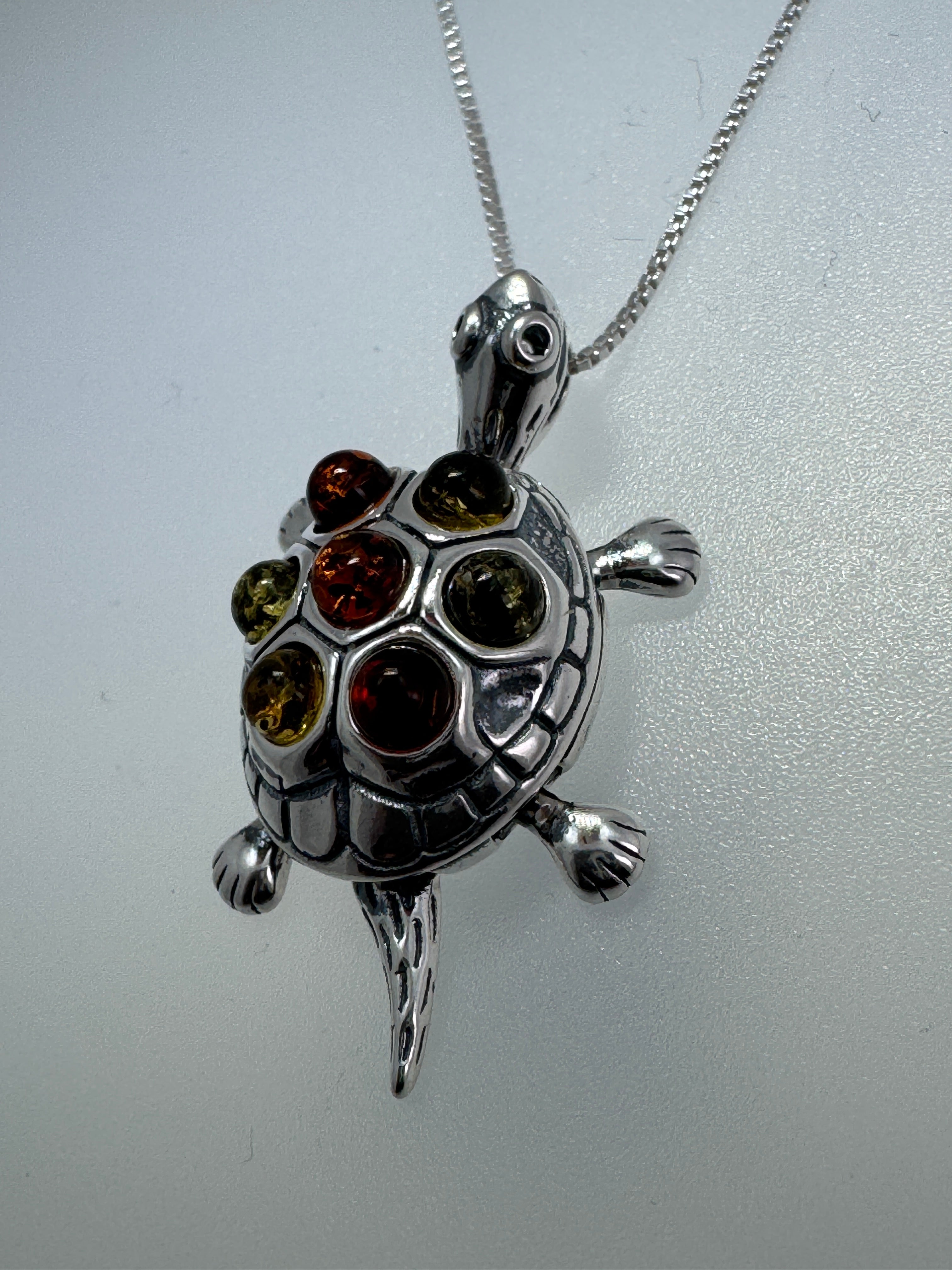 Multicolor Baltic Amber Turtle Pendant – Sterling Silver & Full of Charm  / Sterling Silver Chain